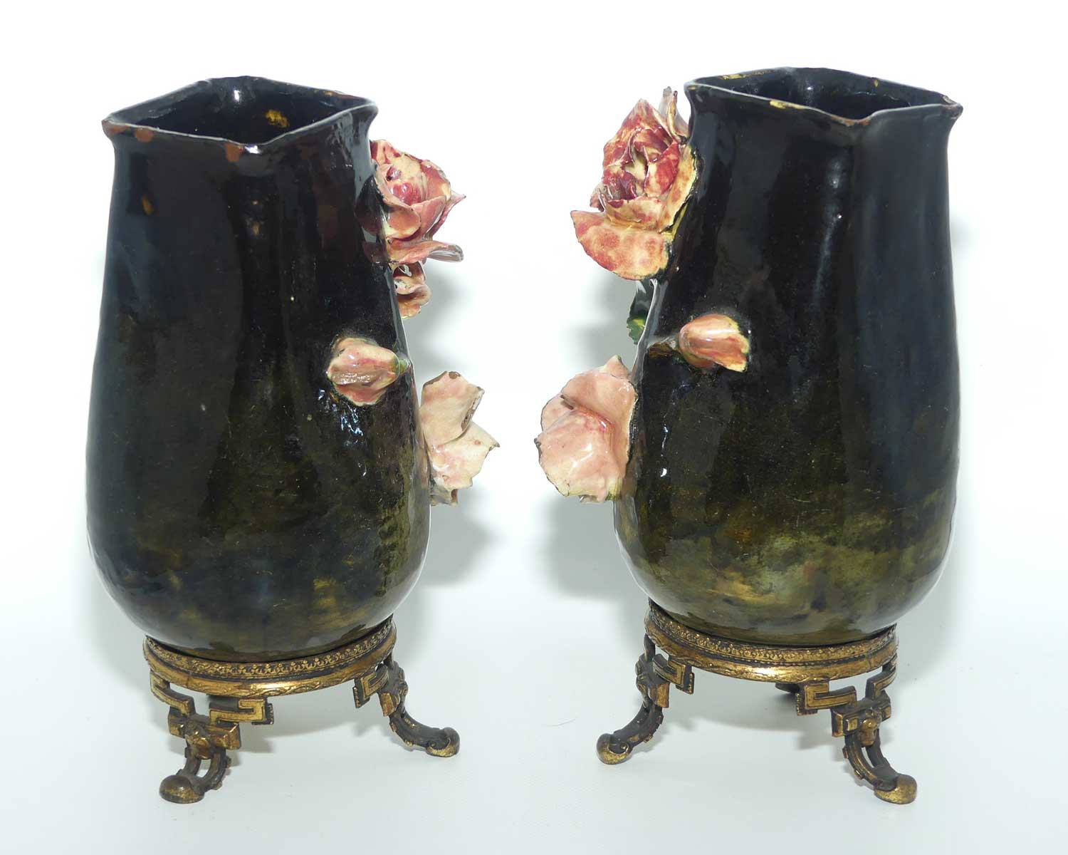 Pair of 19th Century French Faience and Ormolu Barbotine Vases