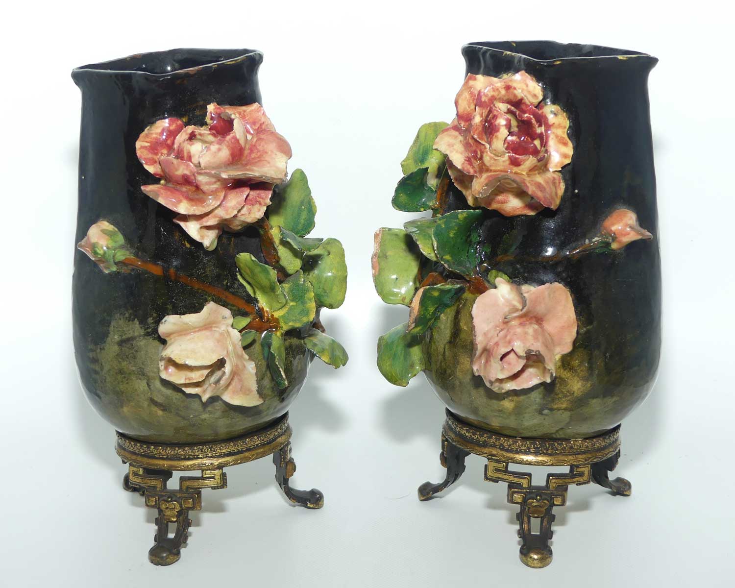 Pair of 19th Century French Faience and Ormolu Barbotine Vases