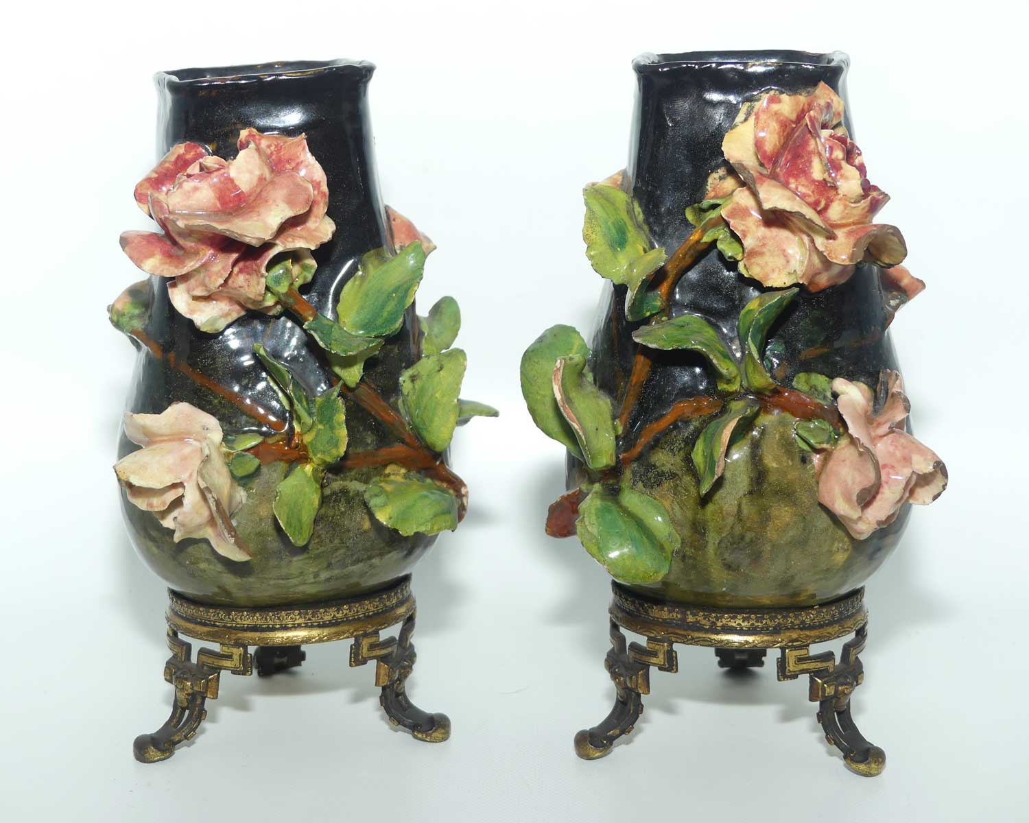 Pair of 19th Century French Faience and Ormolu Barbotine Vases