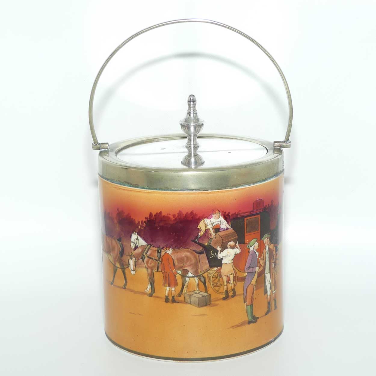 Royal Doulton Autumn | Red Sky Coaching Days biscuit barrel | EP lid | #1