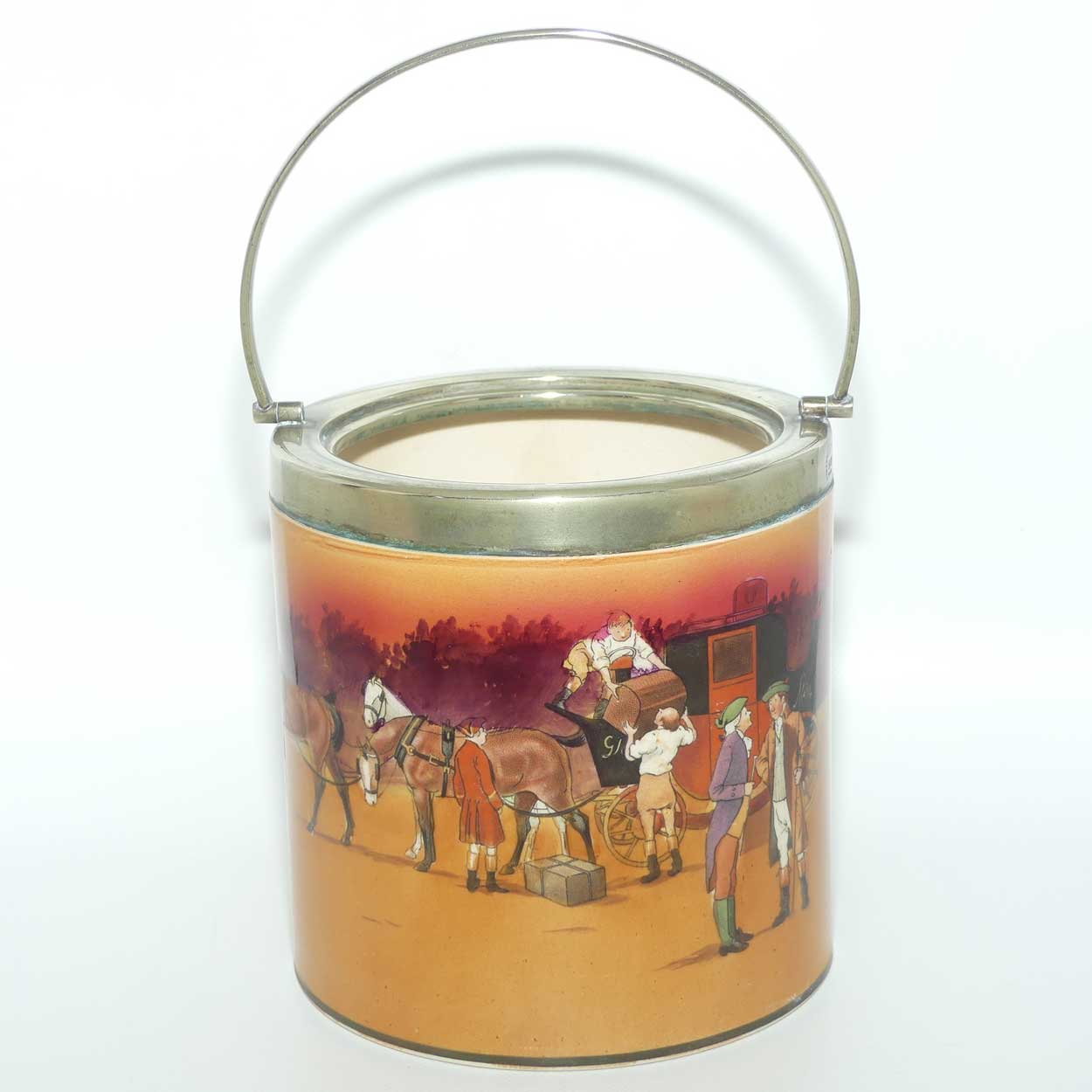 Royal Doulton Autumn | Red Sky Coaching Days biscuit barrel | EP lid | #1