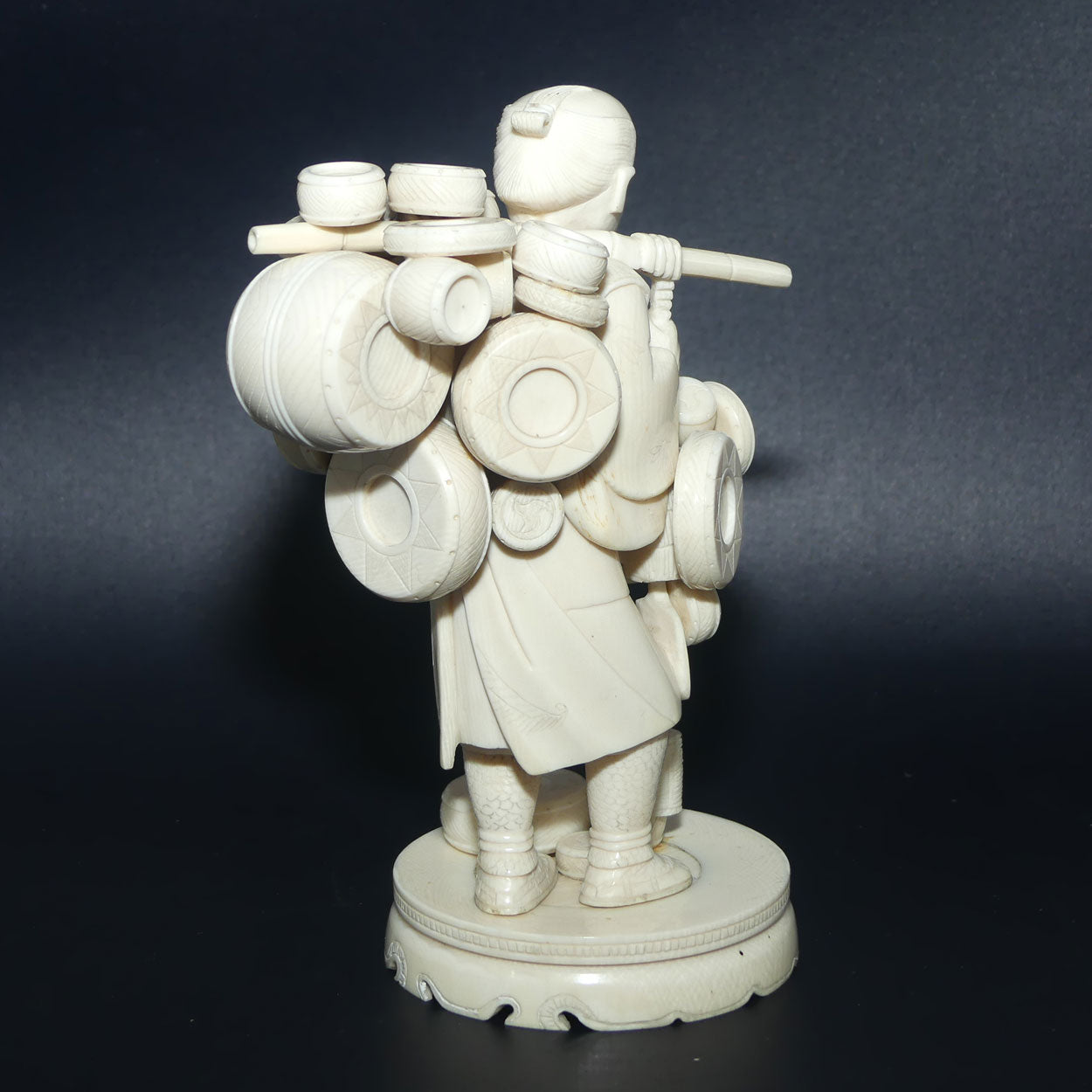 Japanese Carved Ivory Okimono figure on wooden base | Basket Vendor | Meiji period | signed