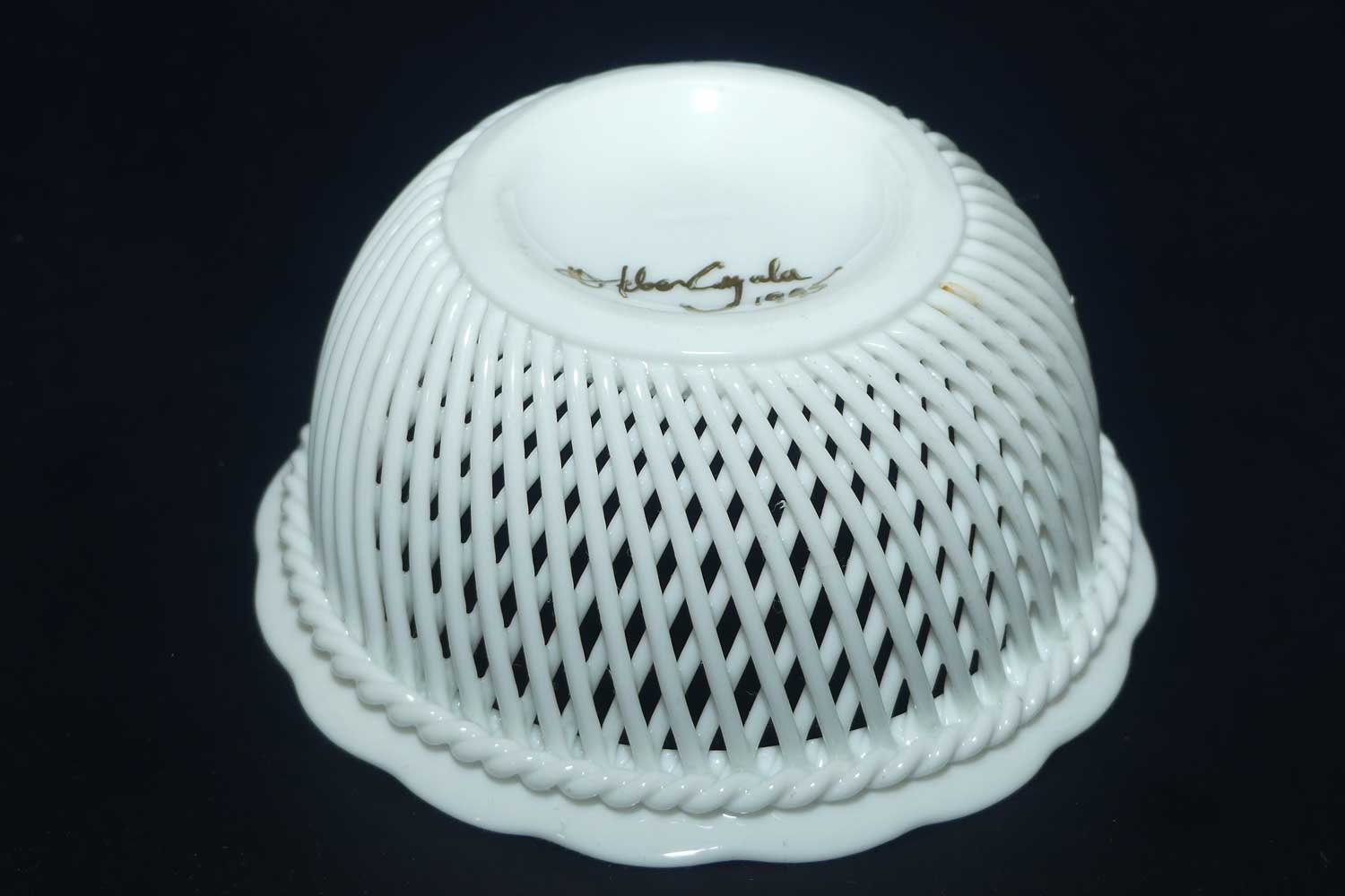 Herend Hungary Blanc de Chine Openwork Basket with applied floral decor | signed