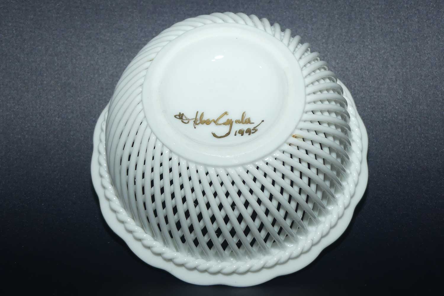 Herend Hungary Blanc de Chine Openwork Basket with applied floral decor | signed