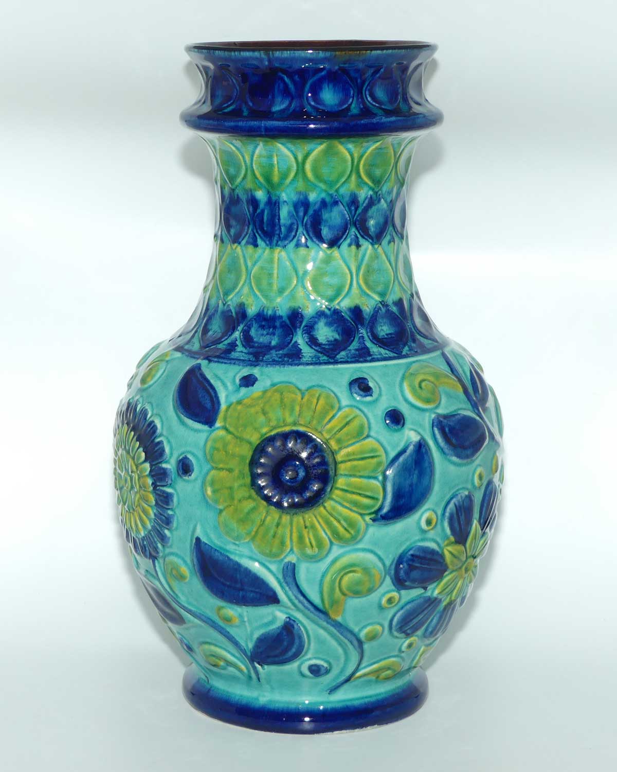 Bay Keramic West Germany tall Blue and Green Floral vase | Mid Century Modern | 86 45 shape