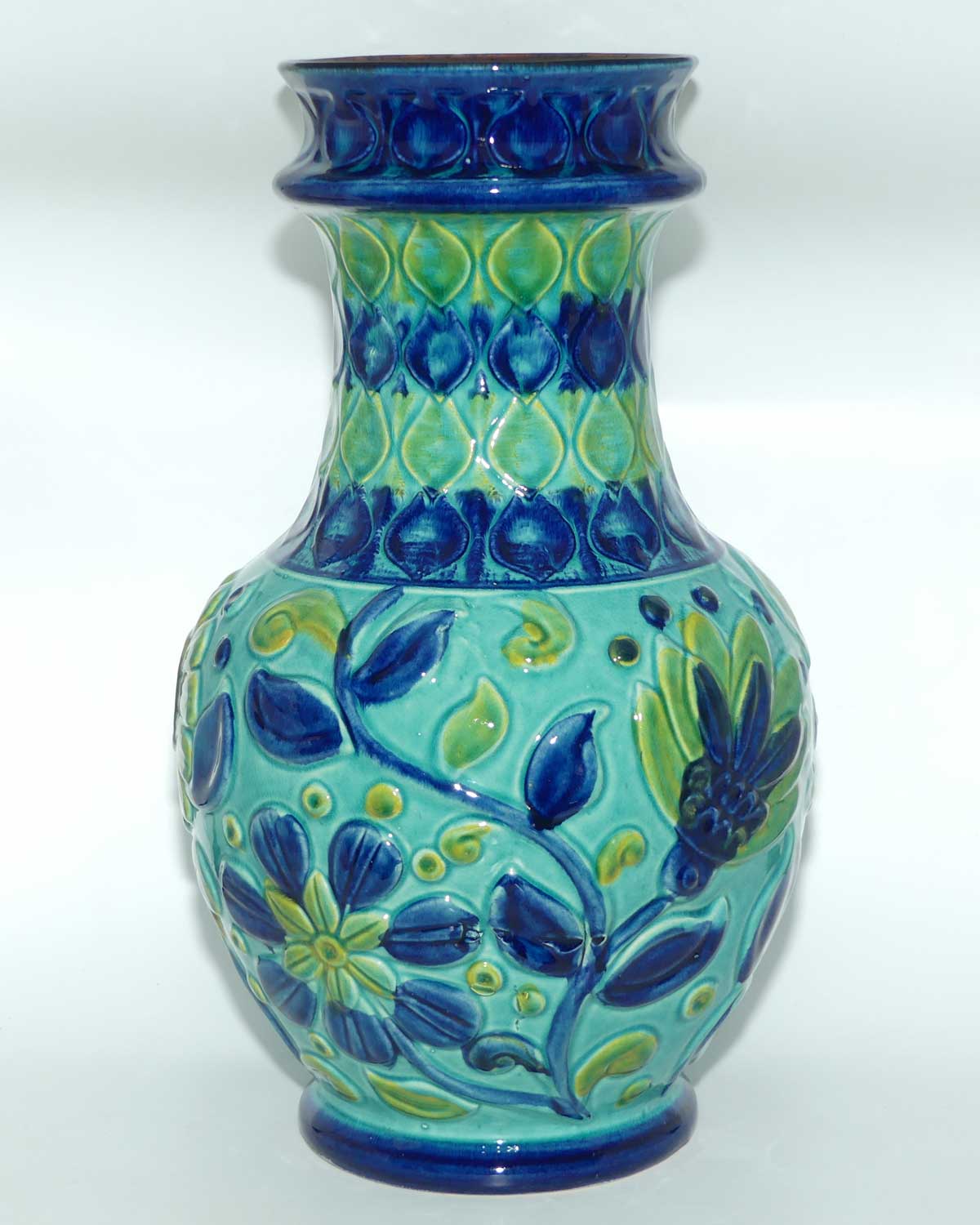 Bay Keramic West Germany tall Blue and Green Floral vase | Mid Century Modern | 86 45 shape