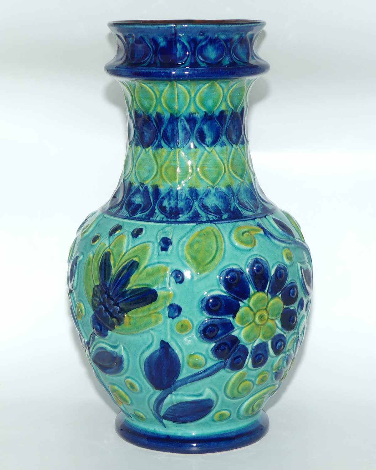 Bay Keramic West Germany tall Blue and Green Floral vase | Mid Century Modern | 86 45 shape