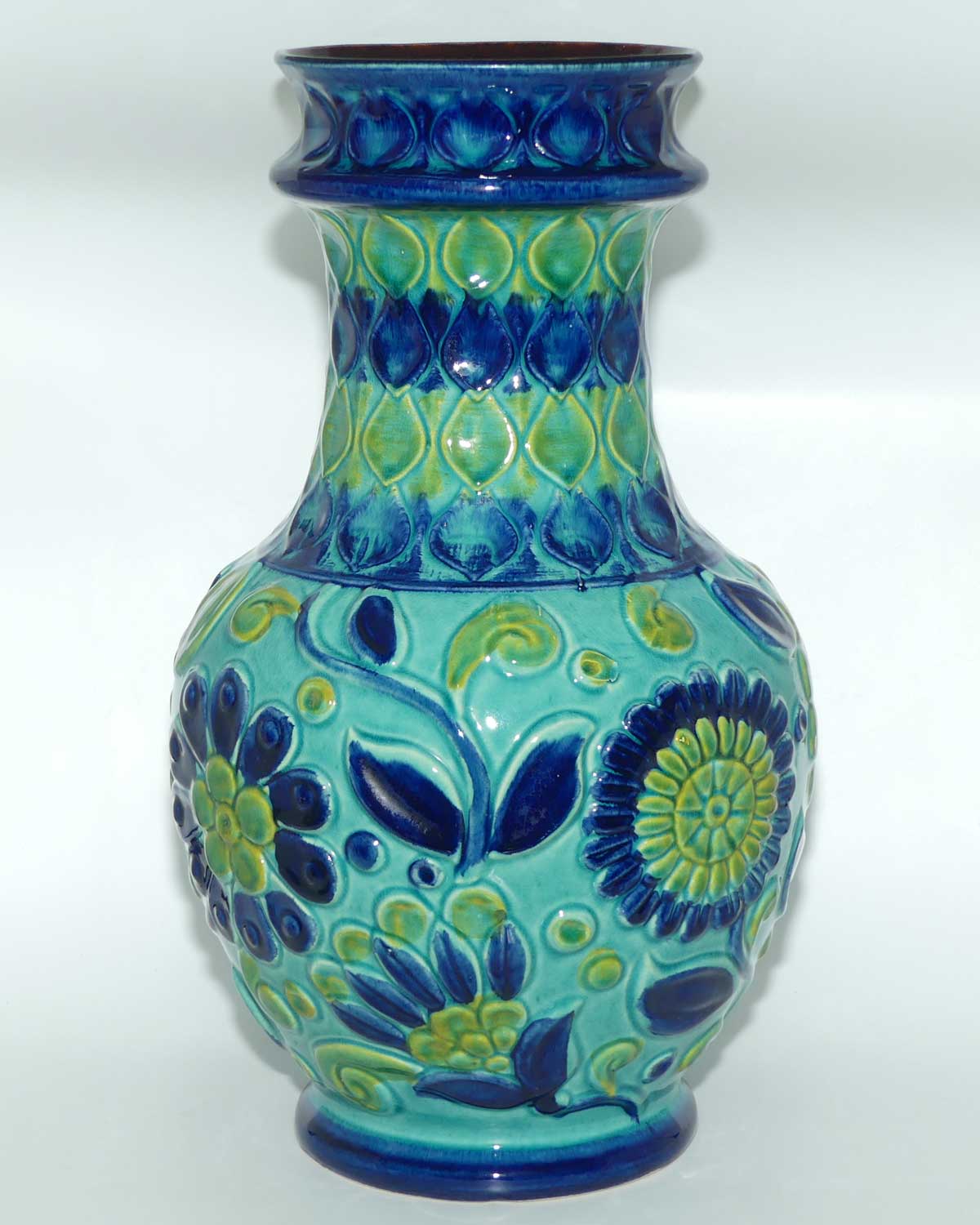 Bay Keramic West Germany tall Blue and Green Floral vase | Mid Century Modern | 86 45 shape