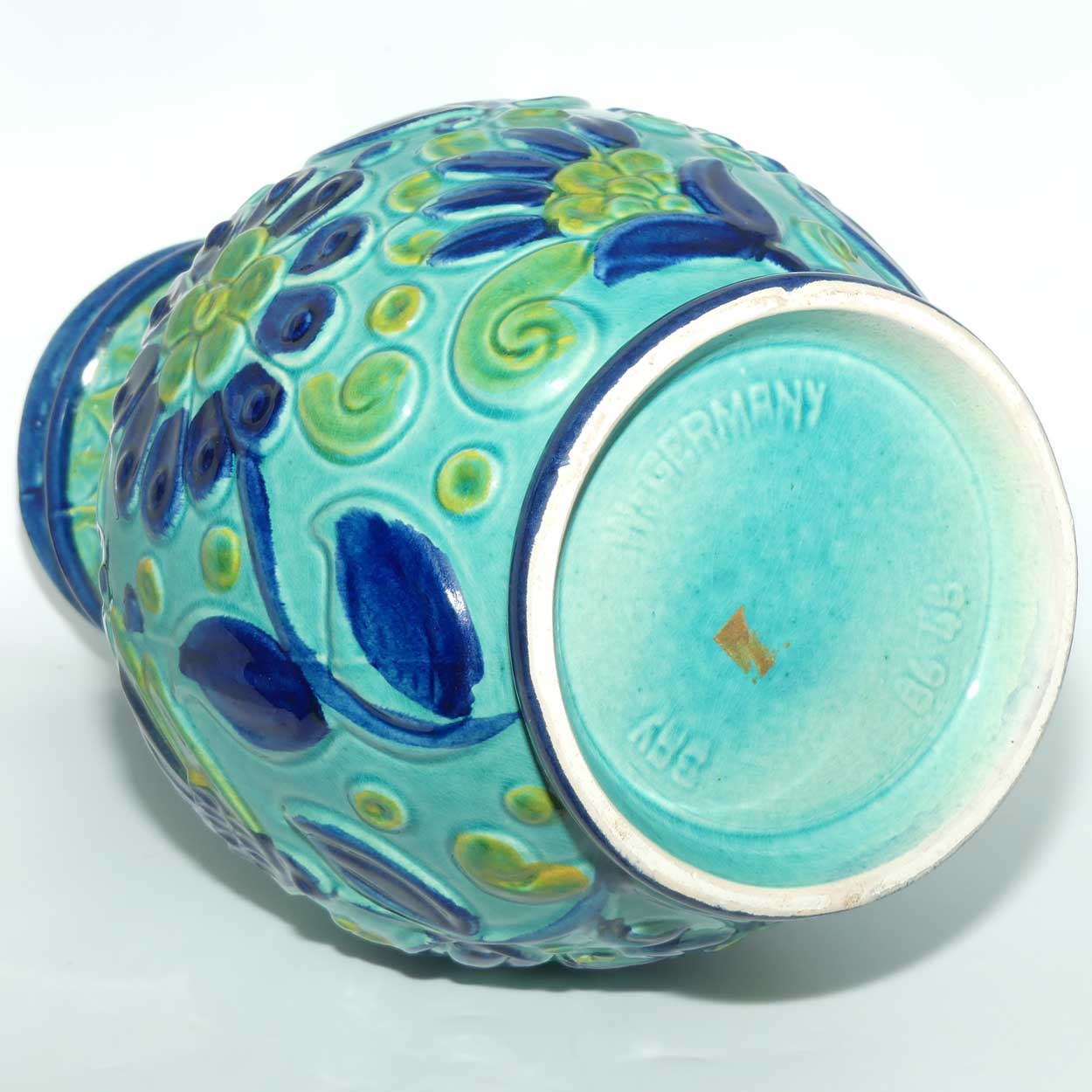 Bay Keramic West Germany tall Blue and Green Floral vase | Mid Century Modern | 86 45 shape