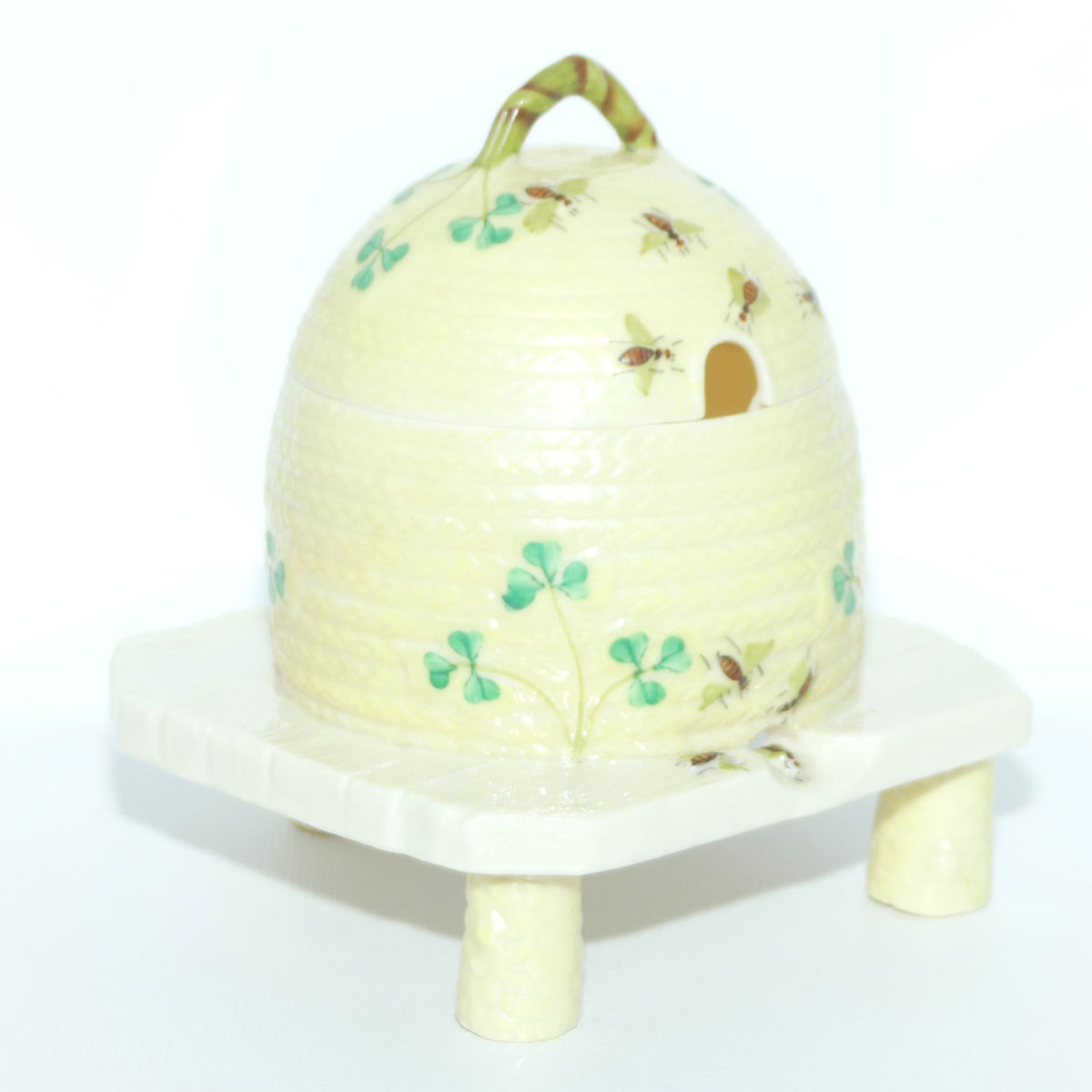 Belleek Shamrock Basket Weave Bee Motif Honey pot on Tree Stump base | 2nd Green mark