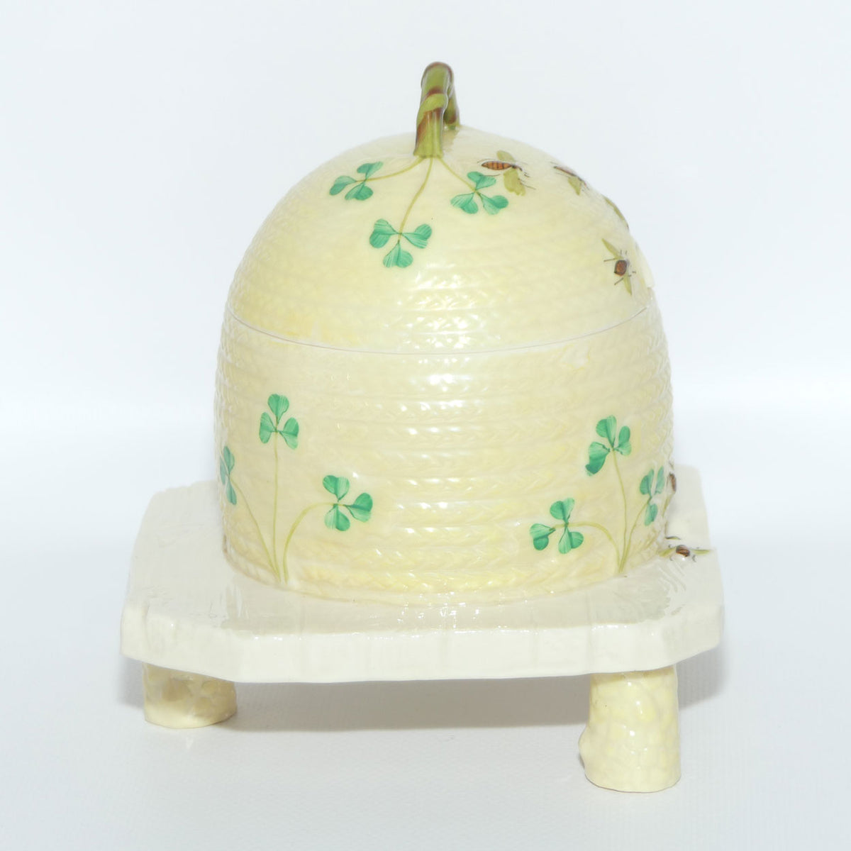 Belleek Shamrock Basket Weave Bee Motif Honey pot on Tree Stump base | 2nd Green mark
