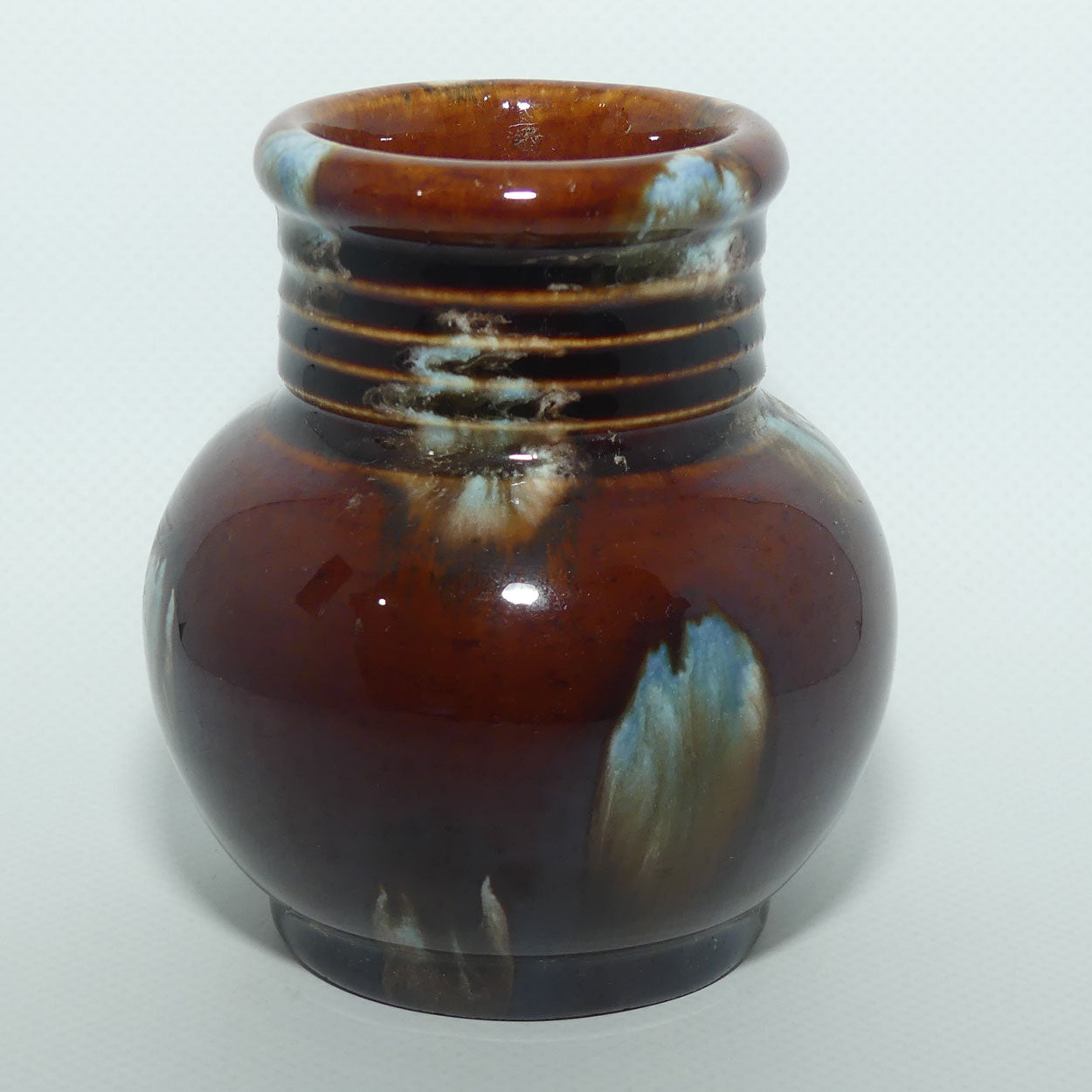Australian Pottery | Deep Brown and Pale Blue Mottled Glaze vase with ring neck | B mark | Regal Mashman