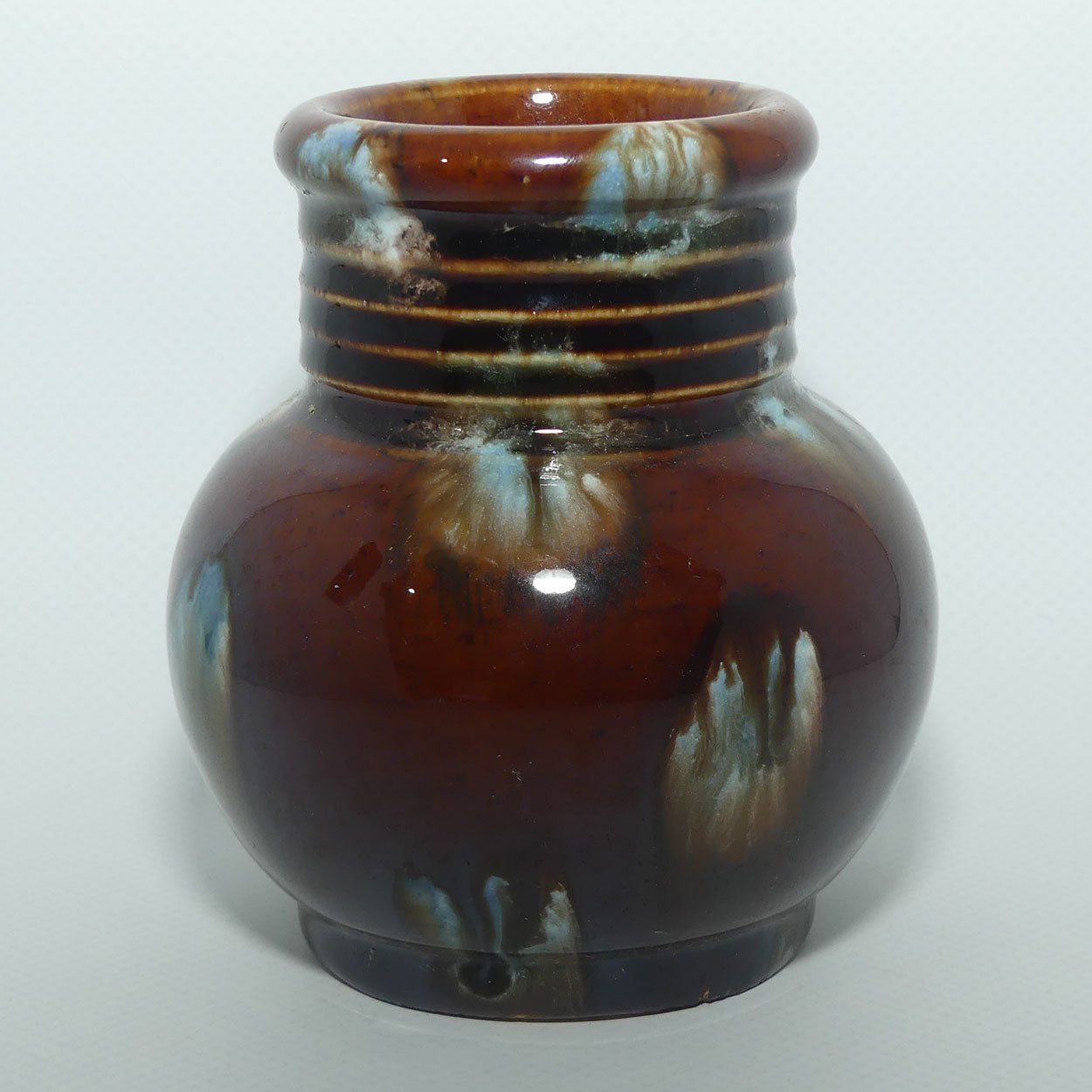 Australian Pottery | Deep Brown and Pale Blue Mottled Glaze vase with ring neck | B mark | Regal Mashman