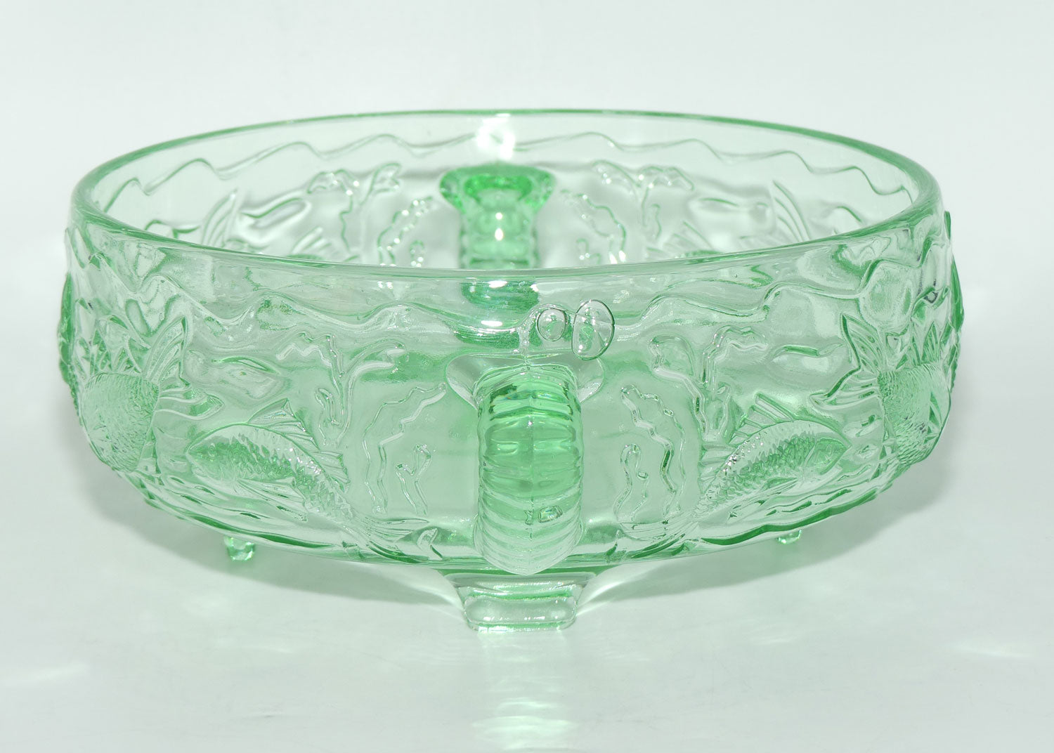 Bagley & Co England Art Deco green Glass Marine pattern twin handle bowl