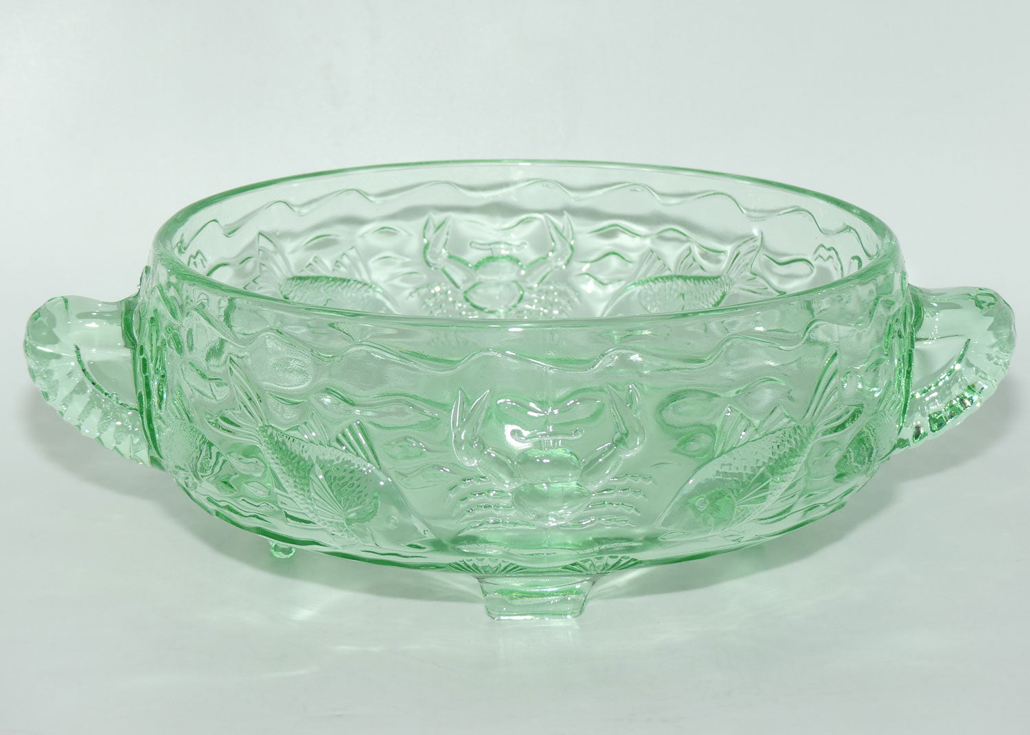 Bagley & Co England Art Deco green Glass Marine pattern twin handle bowl