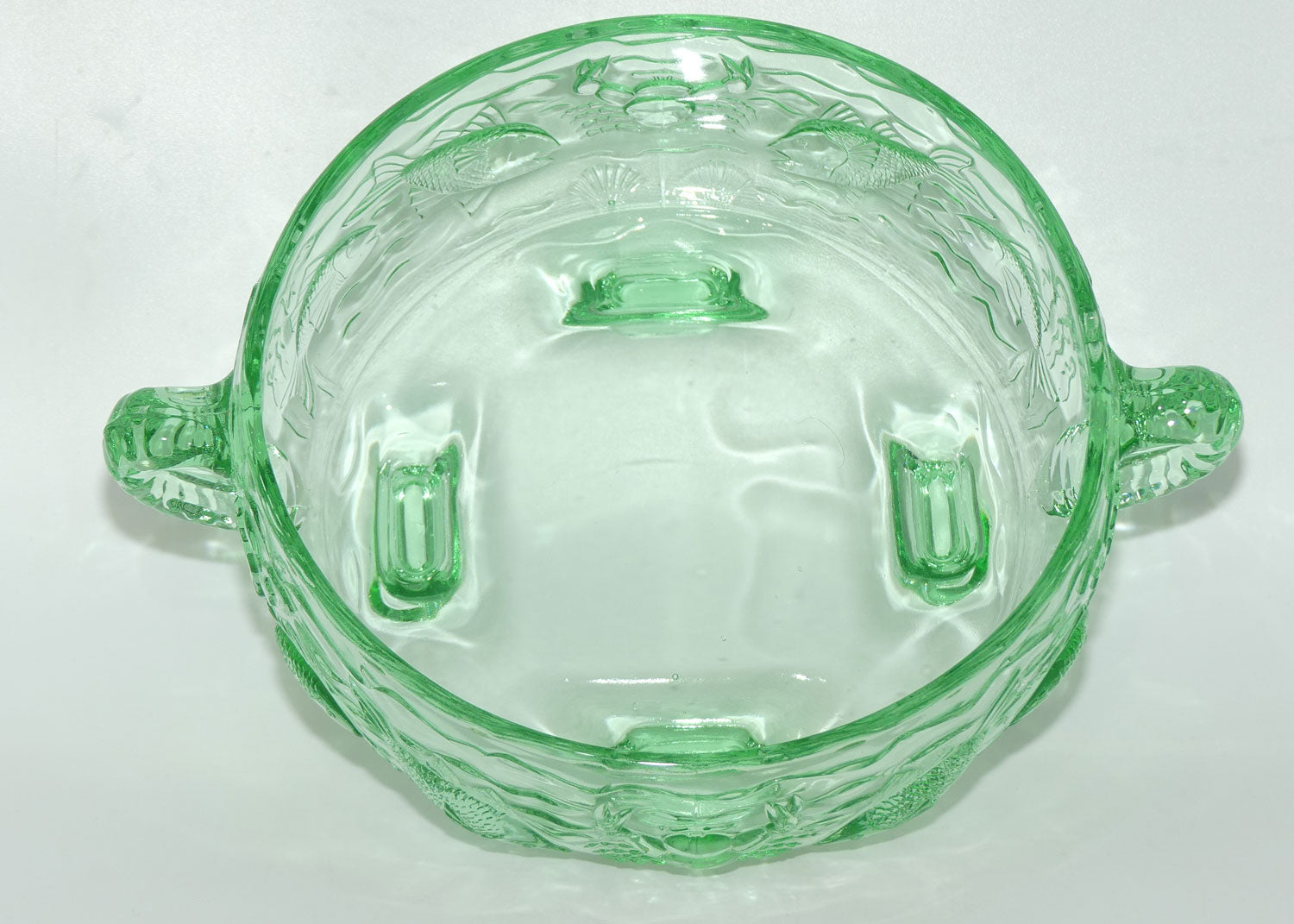 Bagley & Co England Art Deco green Glass Marine pattern twin handle bowl