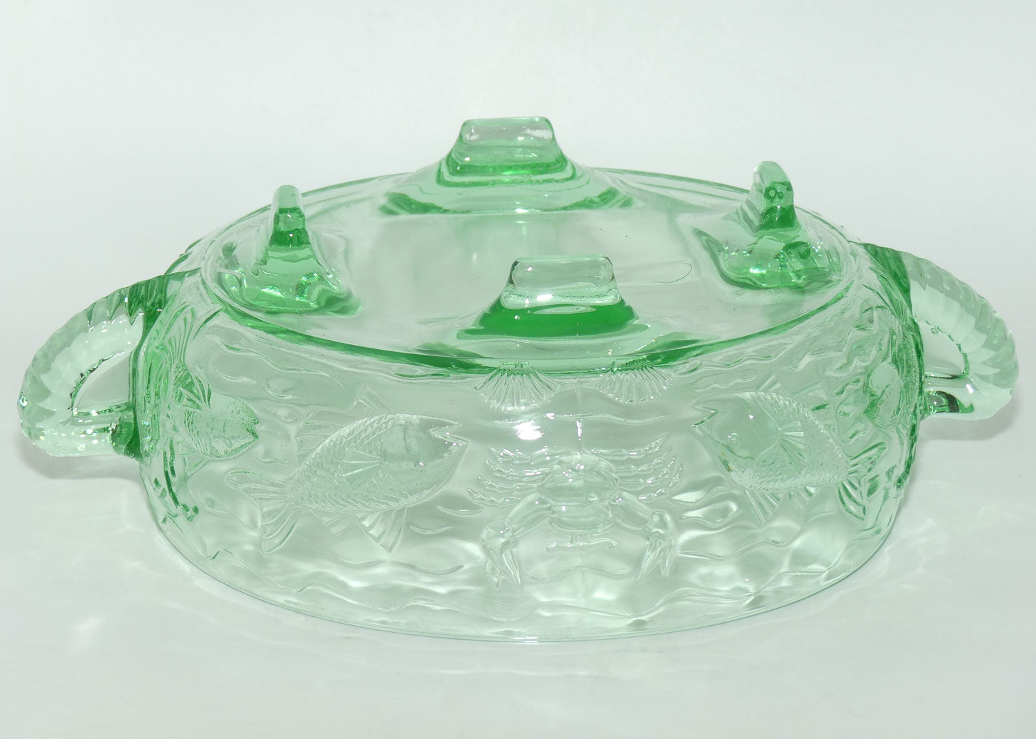 Bagley & Co England Art Deco green Glass Marine pattern twin handle bowl