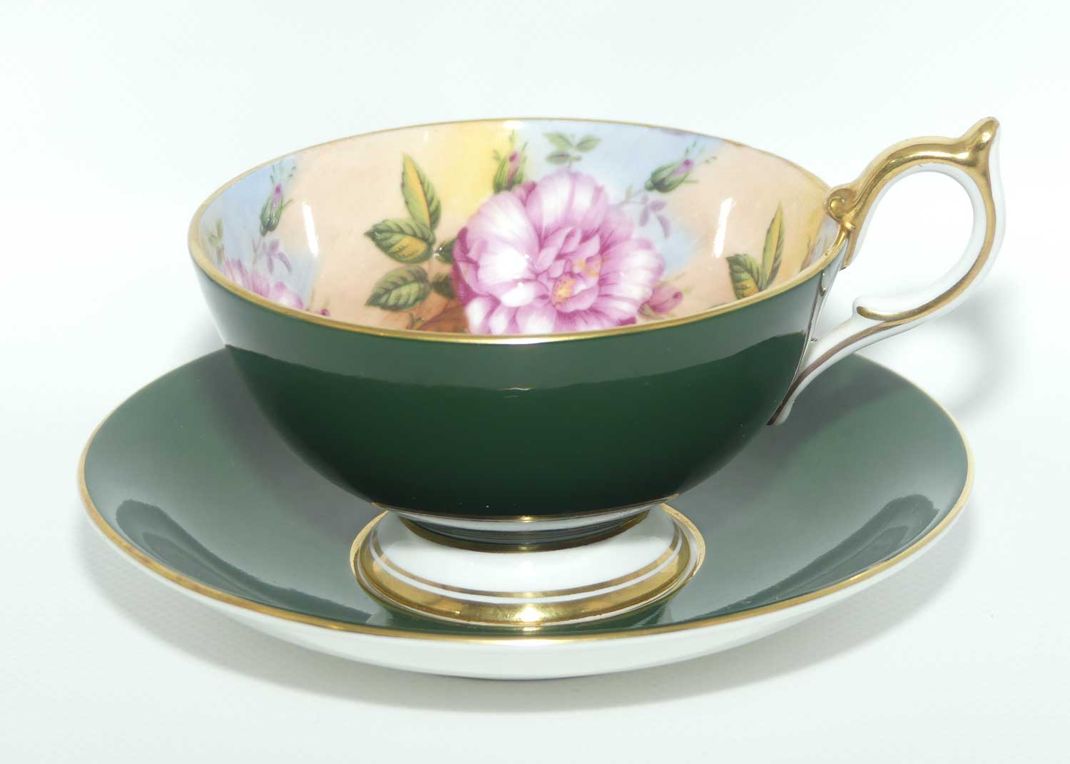 Aynsley Floral tea duo | Cabbage Rose | Green with Floral inside cup