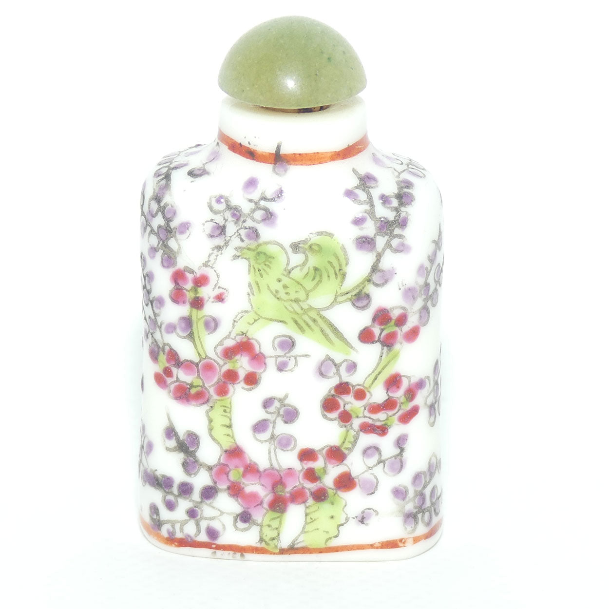 Chinese snuff bottle with greenstone stopper | Bird in Apple Blossom Tree