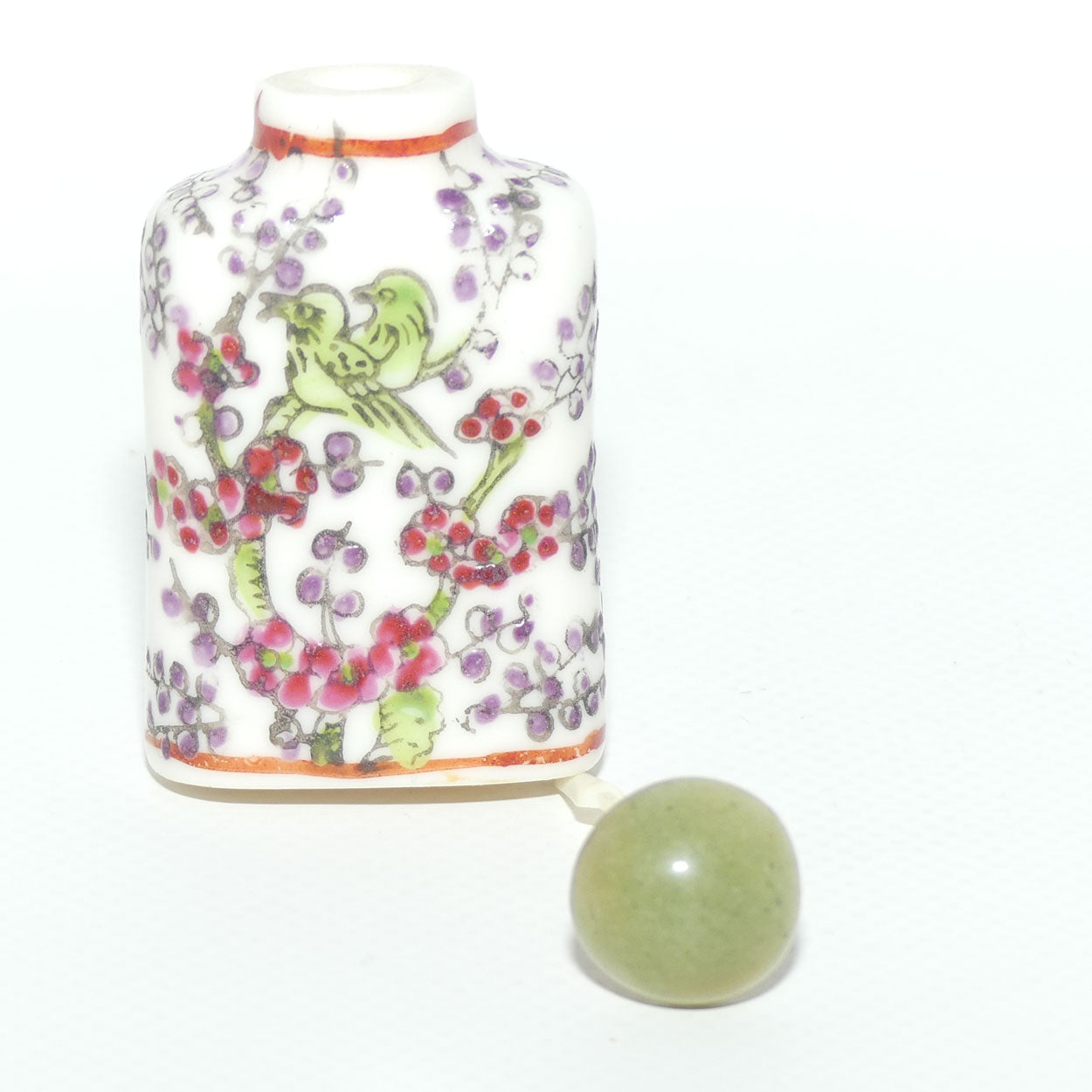 Chinese snuff bottle with greenstone stopper | Bird in Apple Blossom Tree