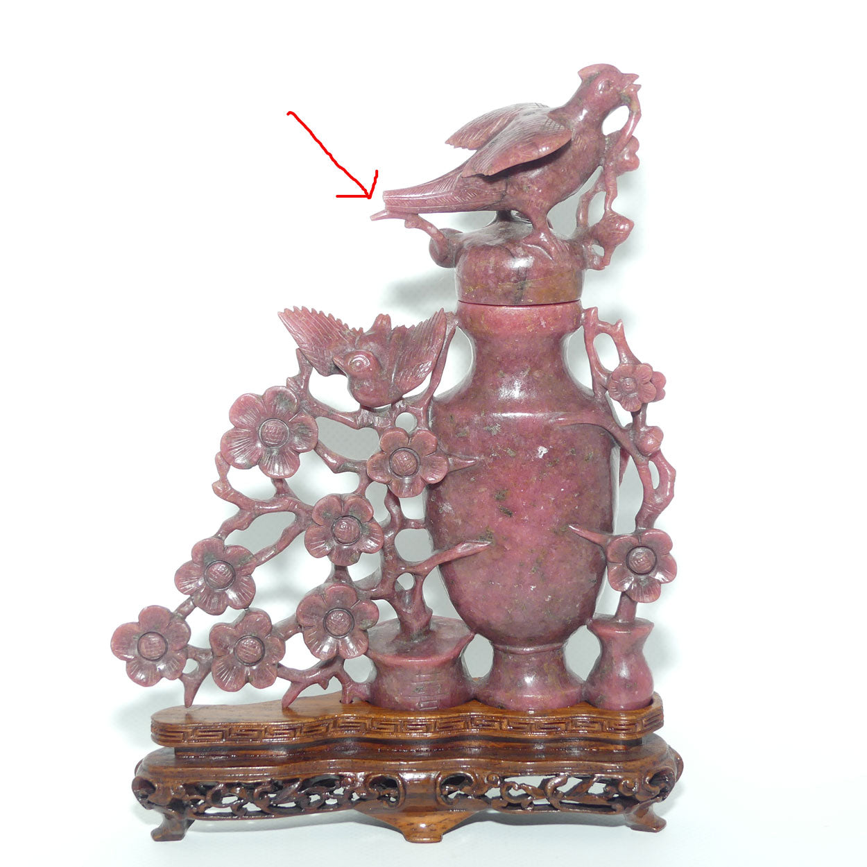 Chinese Rhodontite Carved Bird and Flowers lidded vase on stand