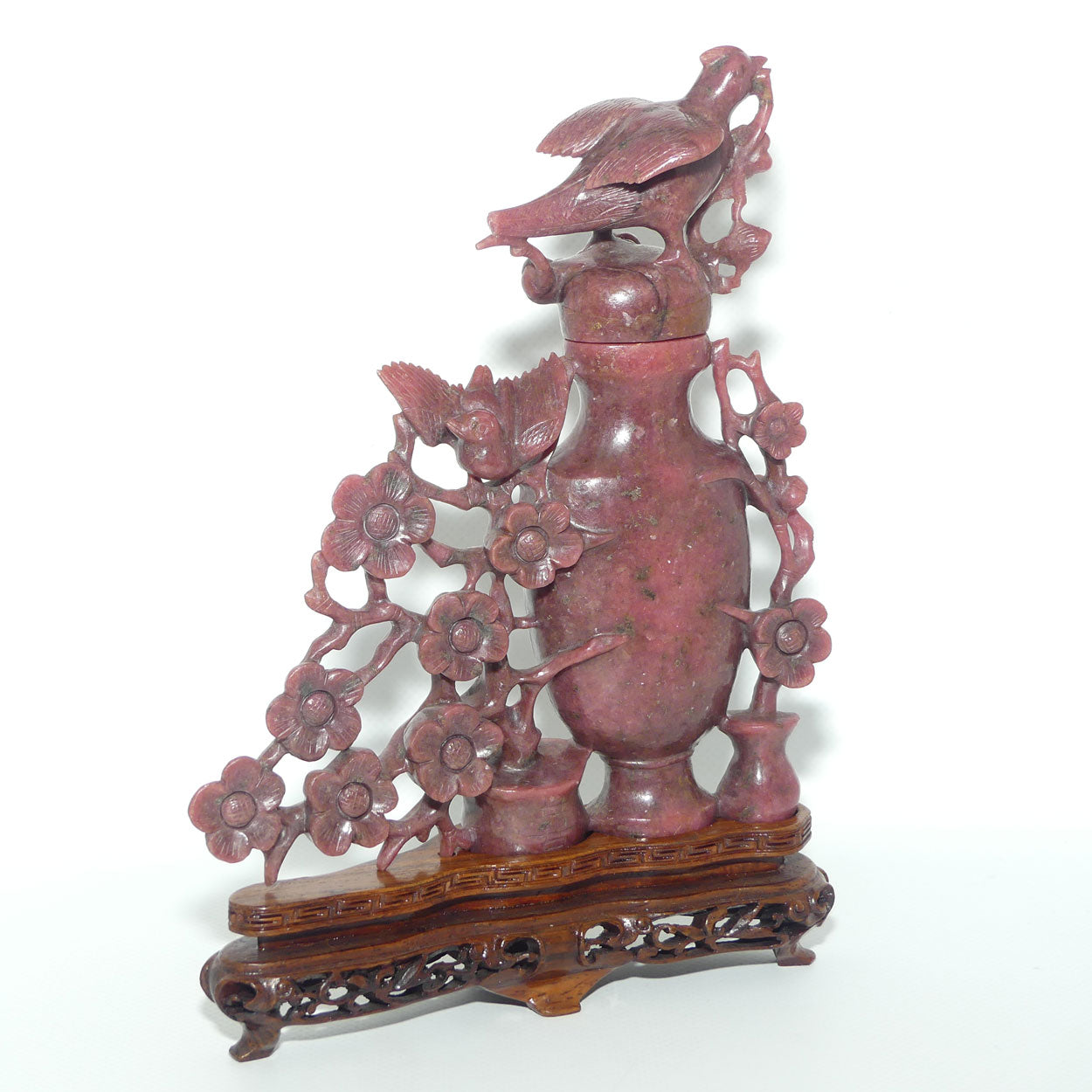 Chinese Rhodontite Carved Bird and Flowers lidded vase on stand