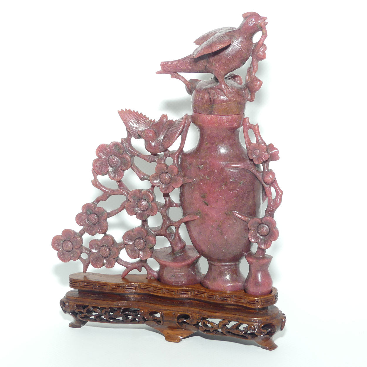 Chinese Rhodontite Carved Bird and Flowers lidded vase on stand