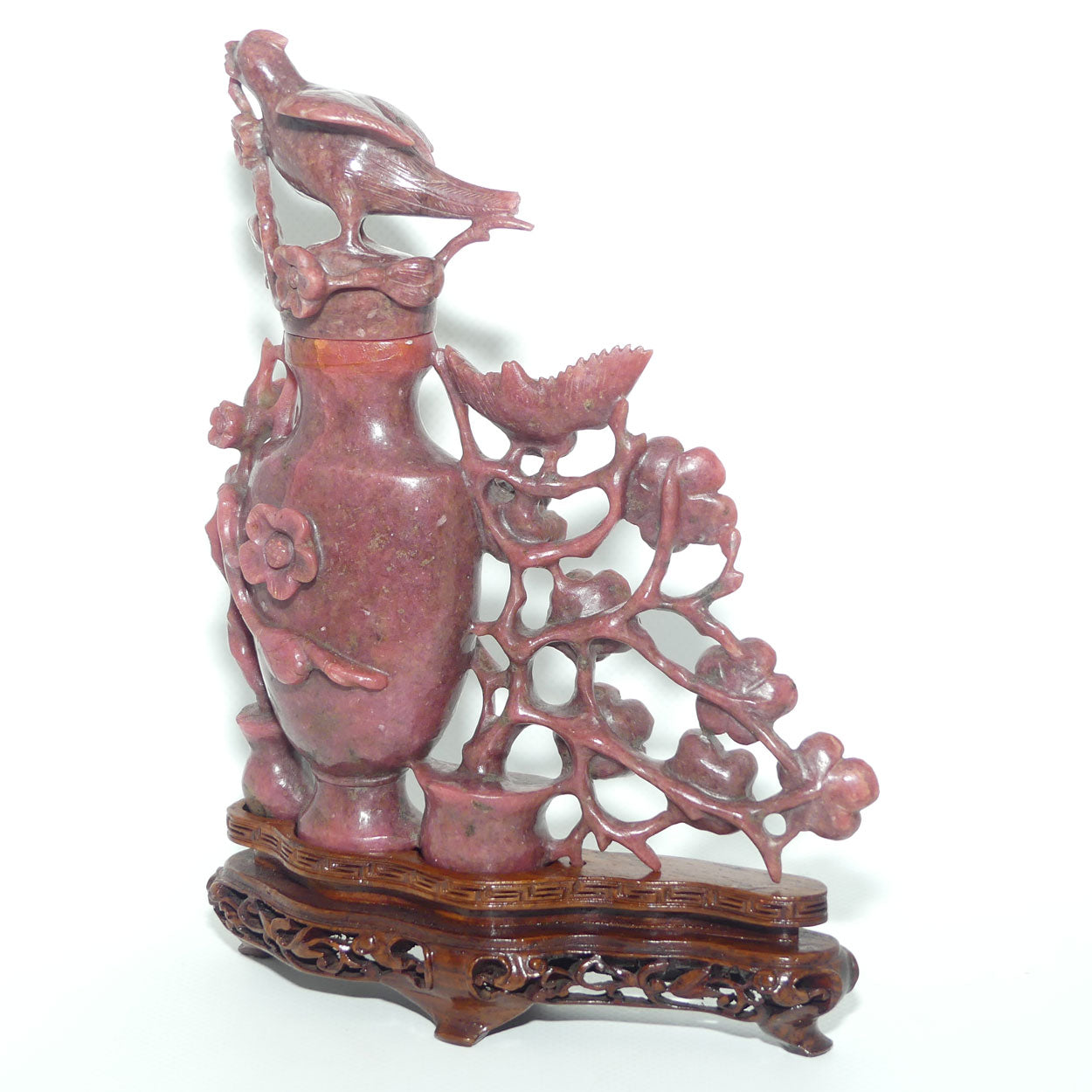 Chinese Rhodontite Carved Bird and Flowers lidded vase on stand
