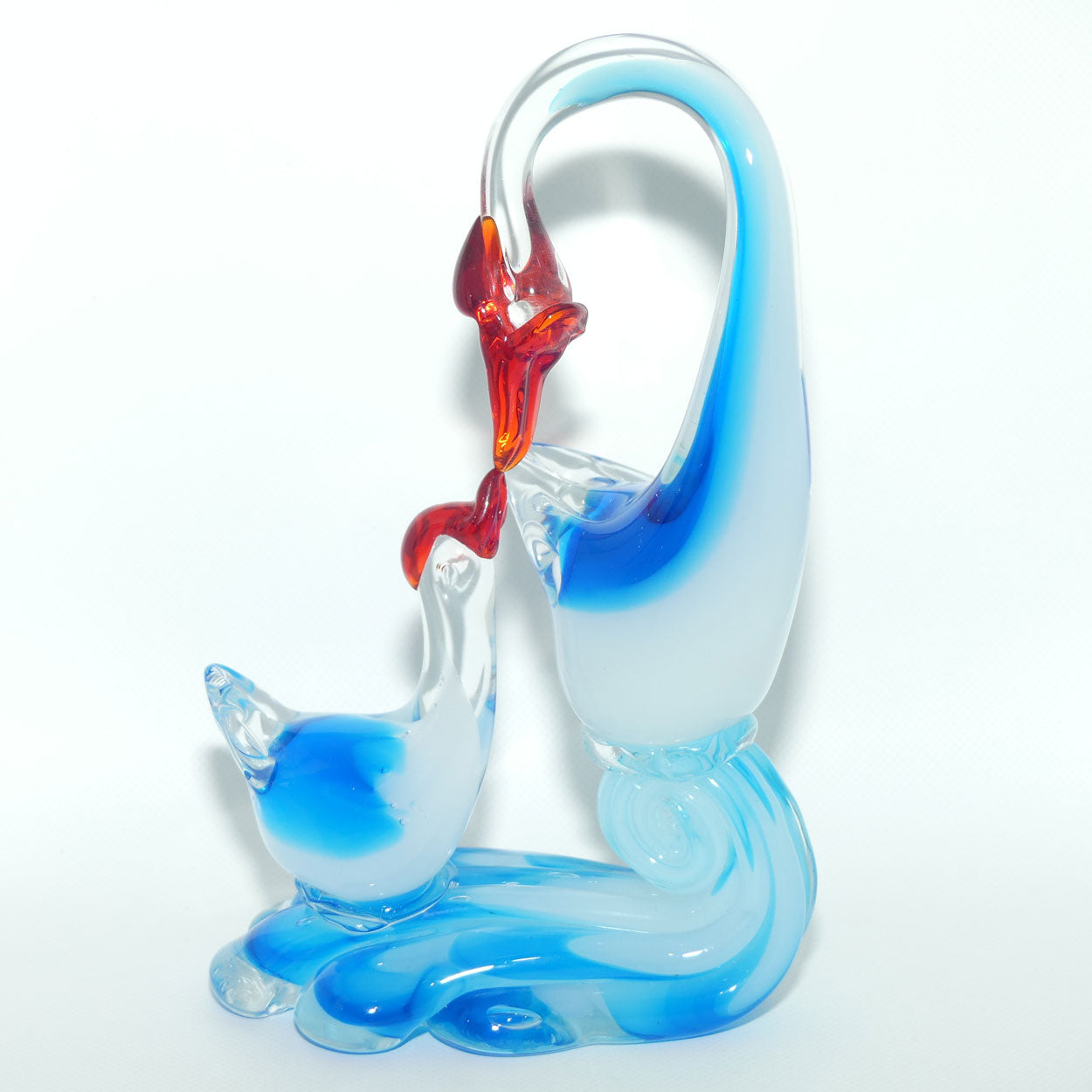 Large Blown Glass Mother and Chick | Birds figure | Azure Blue and Moonstone