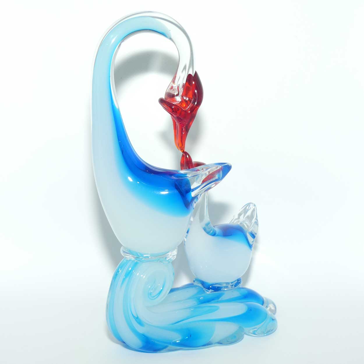 Large Blown Glass Mother and Chick | Birds figure | Azure Blue and Moonstone