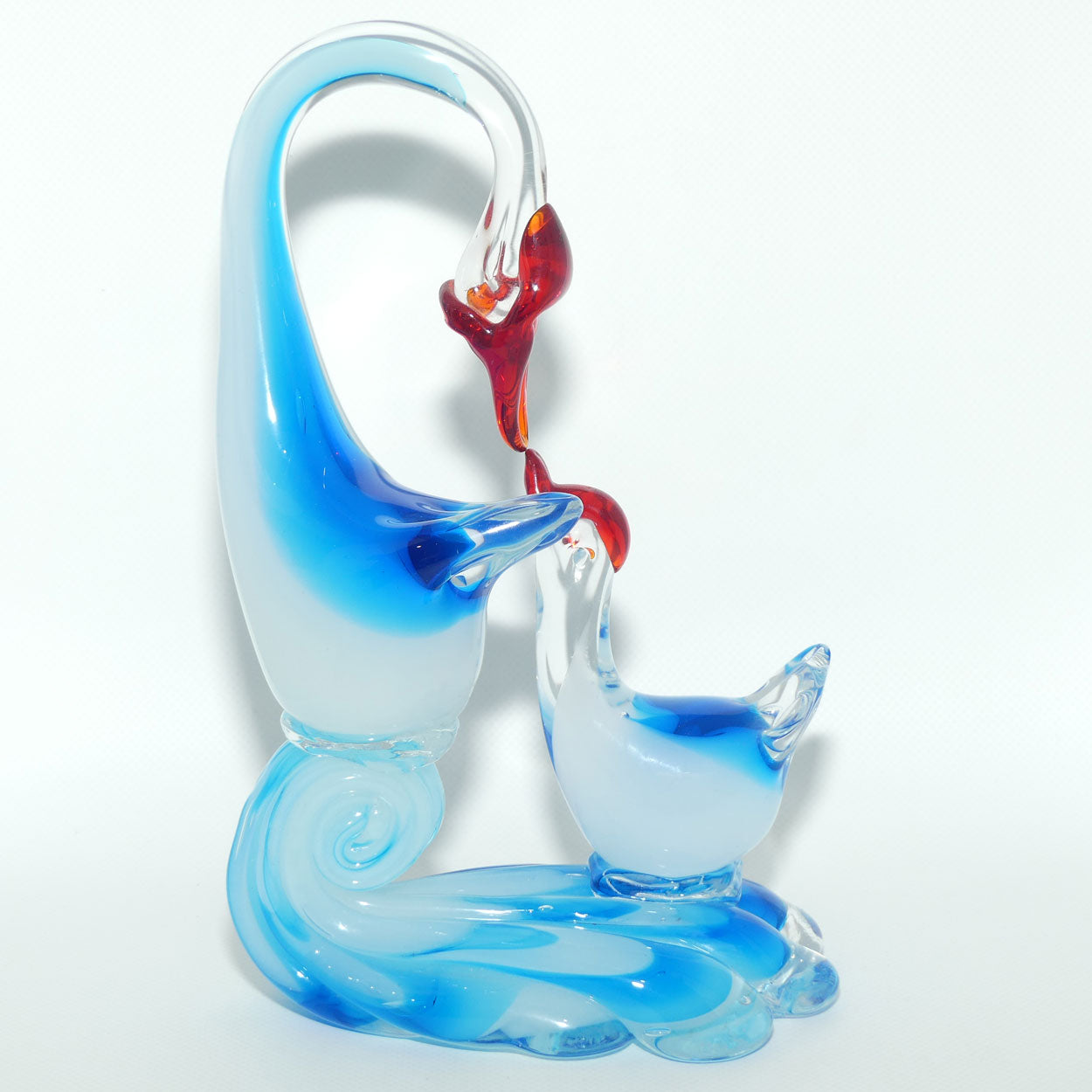 Large Blown Glass Mother and Chick | Birds figure | Azure Blue and Moonstone