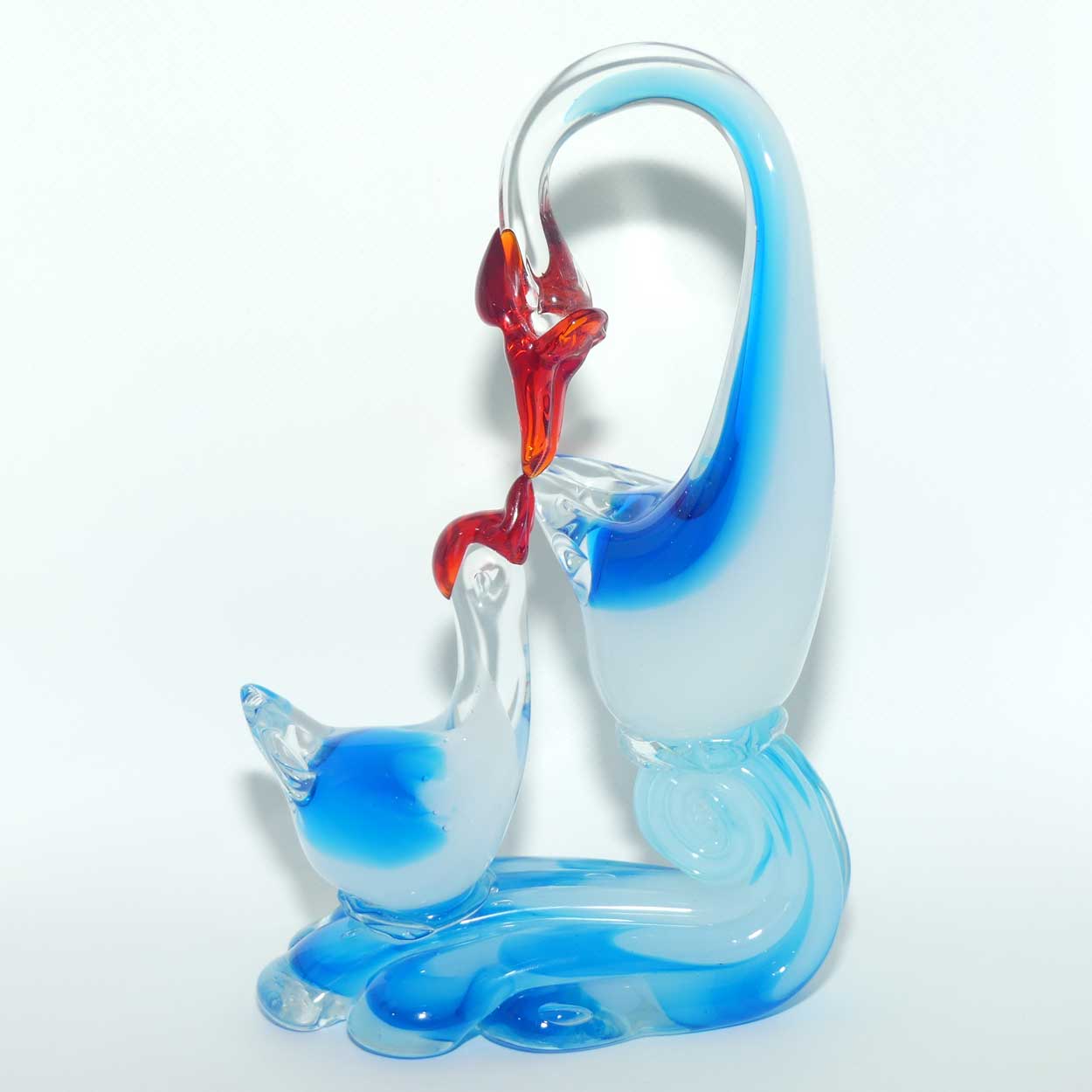 Large Blown Glass Mother and Chick | Birds figure | Azure Blue and Moonstone