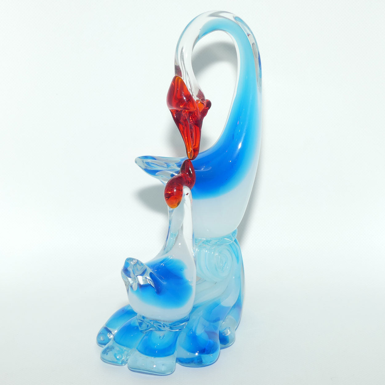 Large Blown Glass Mother and Chick | Birds figure | Azure Blue and Moonstone