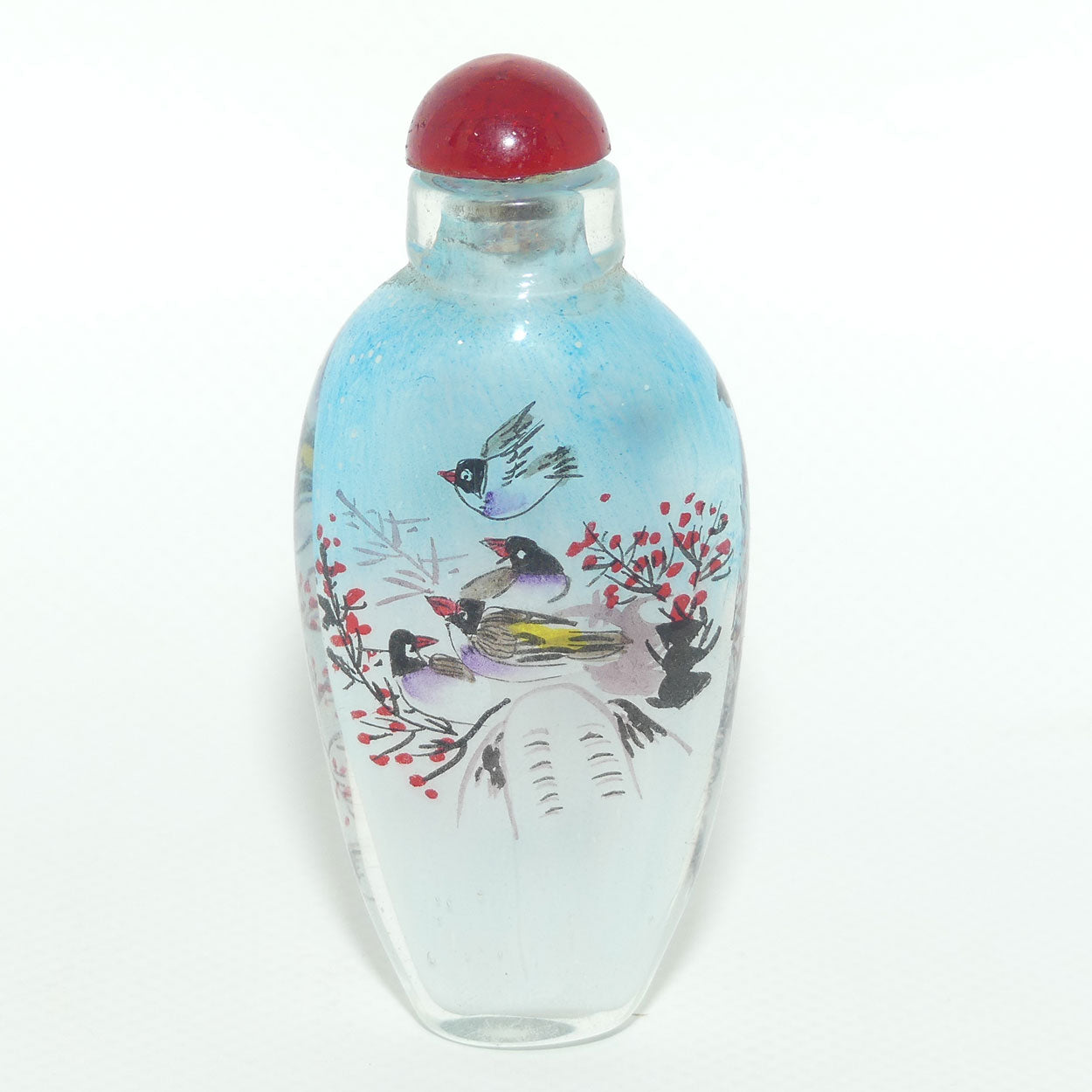 Chinese Reverse Painted Snuff bottle | Birds and Blue Sky | Red Stopper