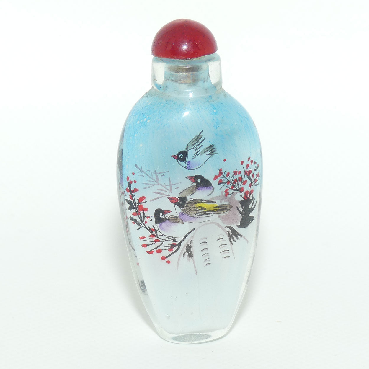 Chinese Reverse Painted Snuff bottle | Birds and Blue Sky | Red Stopper