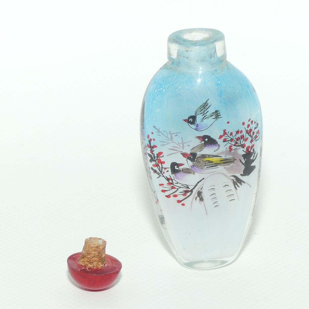 Chinese Reverse Painted Snuff bottle | Birds and Blue Sky | Red Stopper