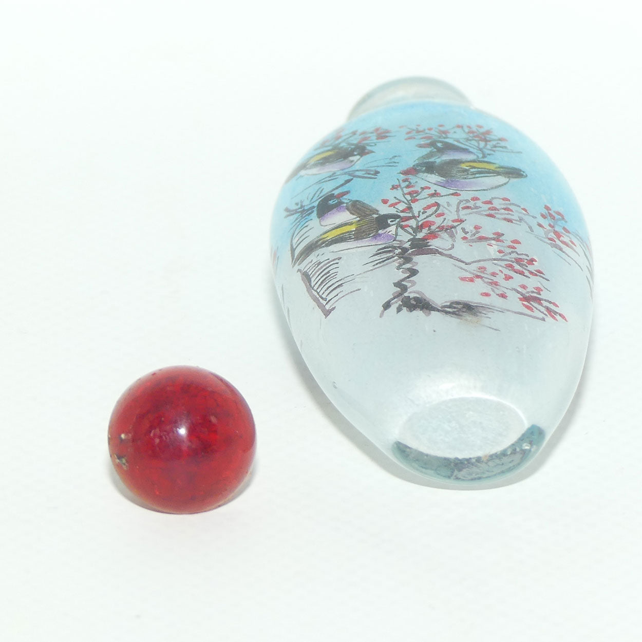 Chinese Reverse Painted Snuff bottle | Birds and Blue Sky | Red Stopper