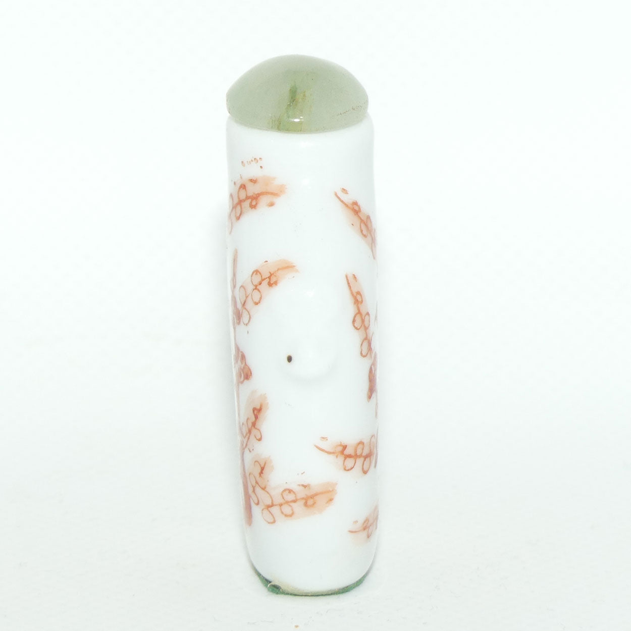 Chinese snuff bottle with greenstone stopper | Iron Red Birds in Cherry Blossom Tree