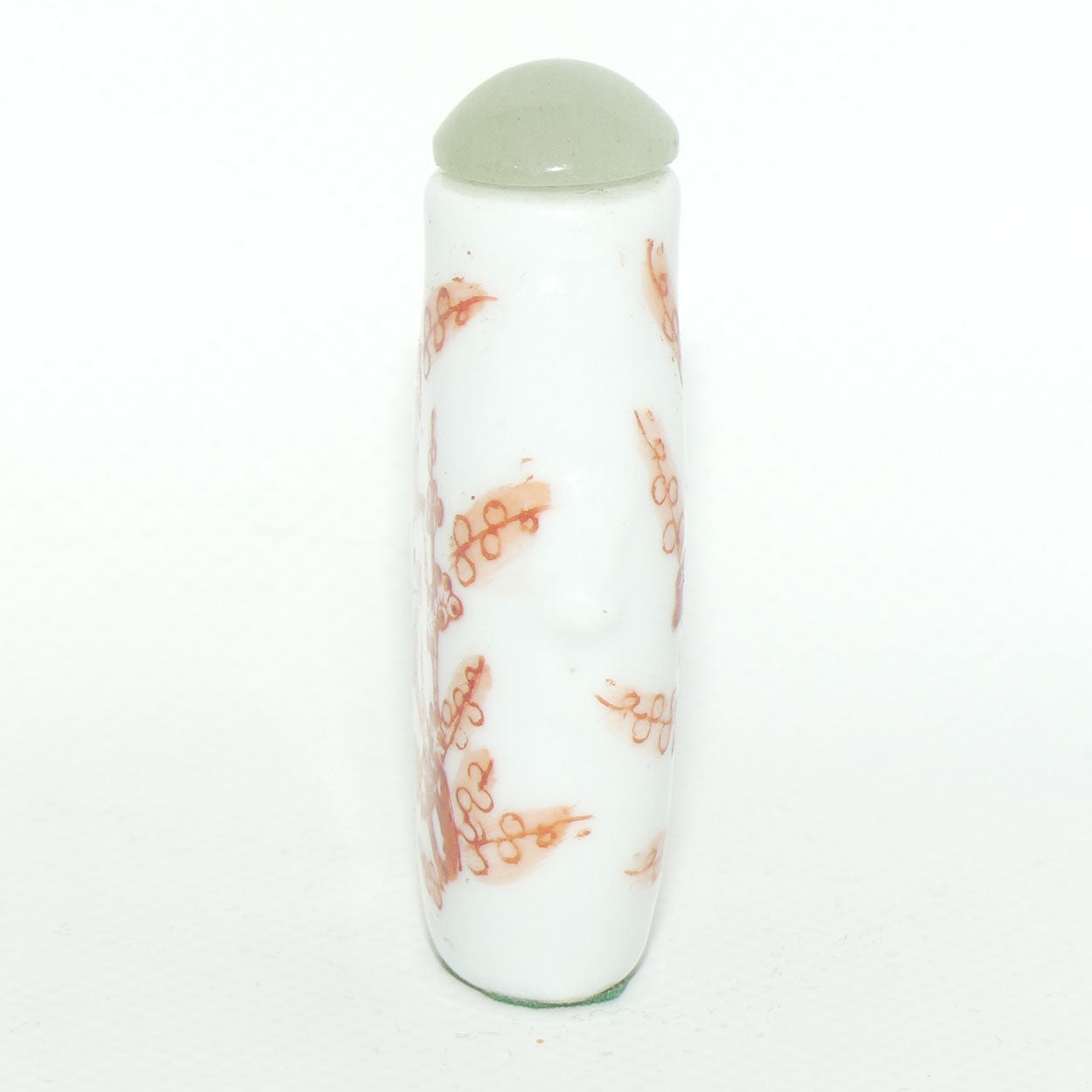 Chinese snuff bottle with greenstone stopper | Iron Red Birds in Cherry Blossom Tree