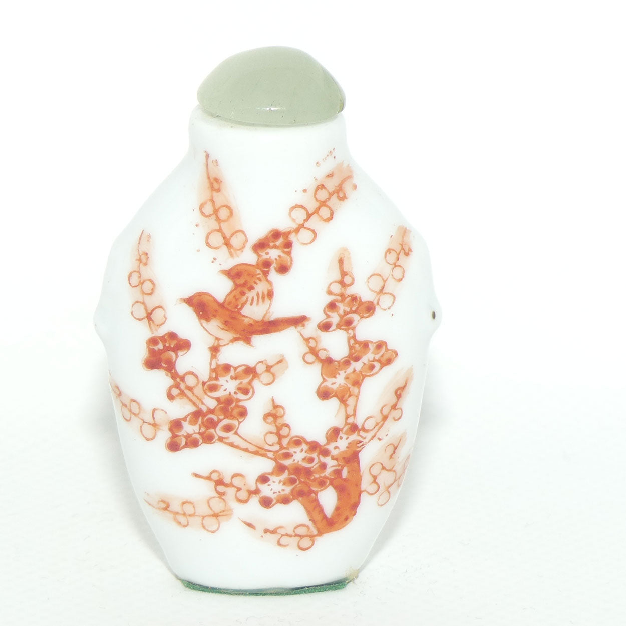 Chinese snuff bottle with greenstone stopper | Iron Red Birds in Cherry Blossom Tree