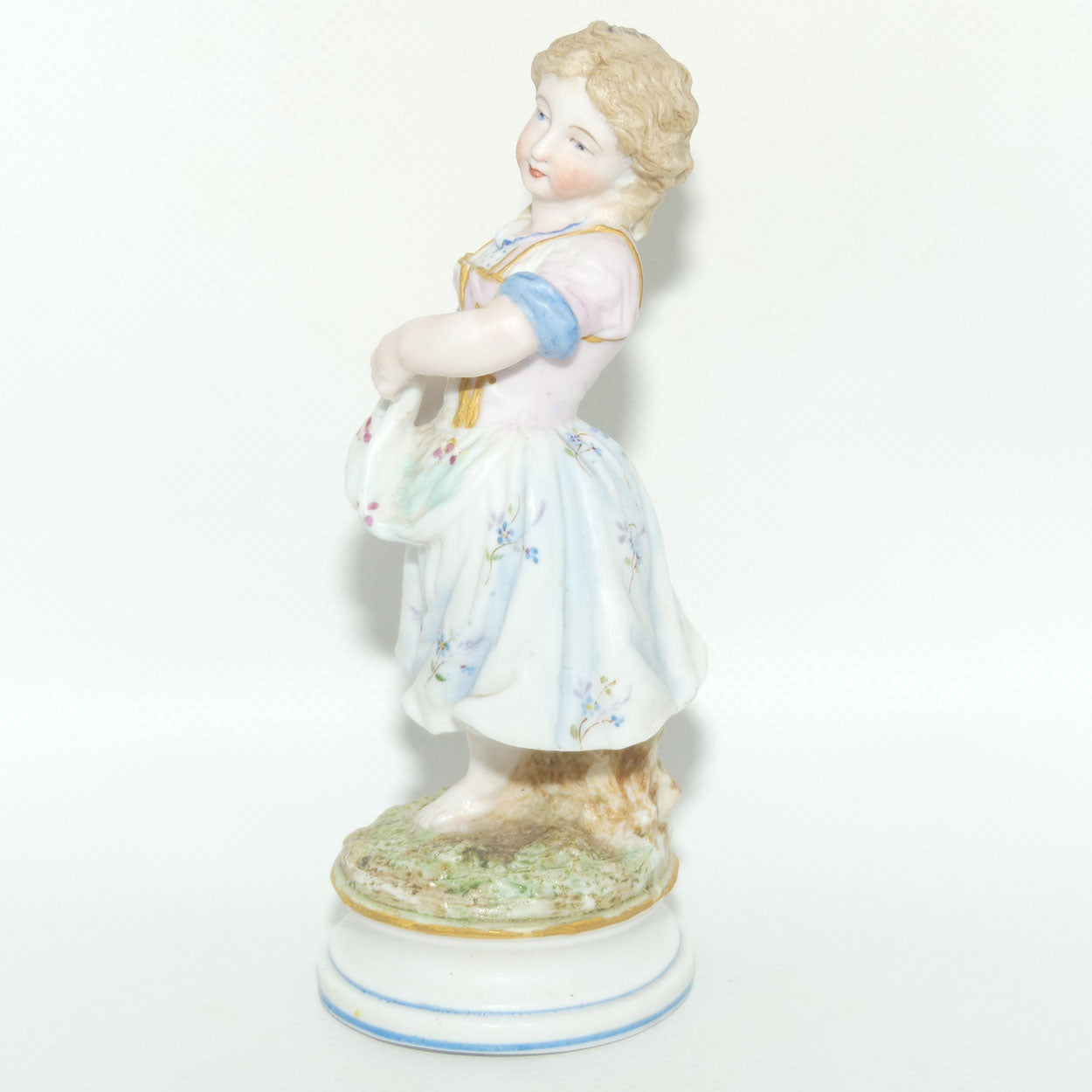 German Bisque Girl with Floral decorated dress and Gilt Decor c.1900