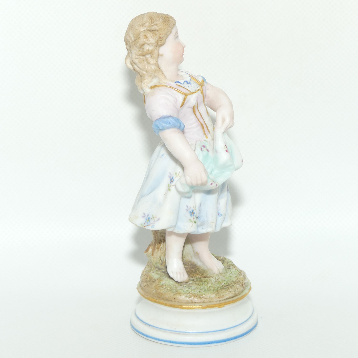 German Bisque Girl with Floral decorated dress and Gilt Decor c.1900