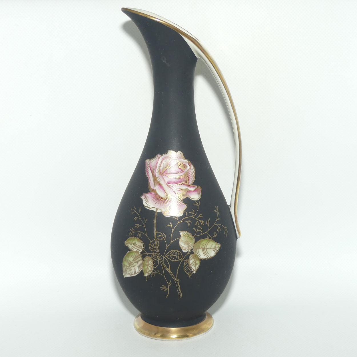 Royal Porzellan Bavaria KM Germany tall jug | Matt Black and Decorated with a Rose