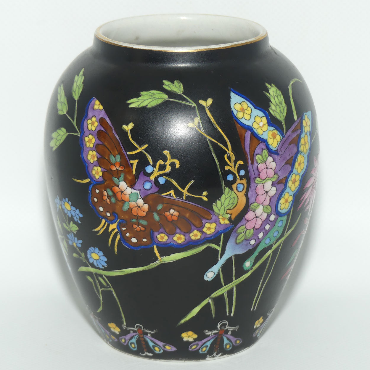 Cetem ware Maling Butterfly and Floral pattern on Black Ground vase