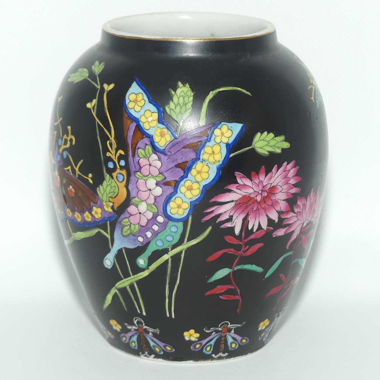 Cetem ware Maling Butterfly and Floral pattern on Black Ground vase