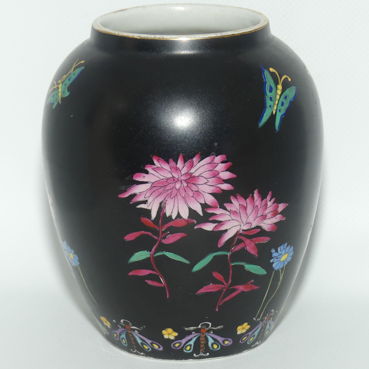 Cetem ware Maling Butterfly and Floral pattern on Black Ground vase