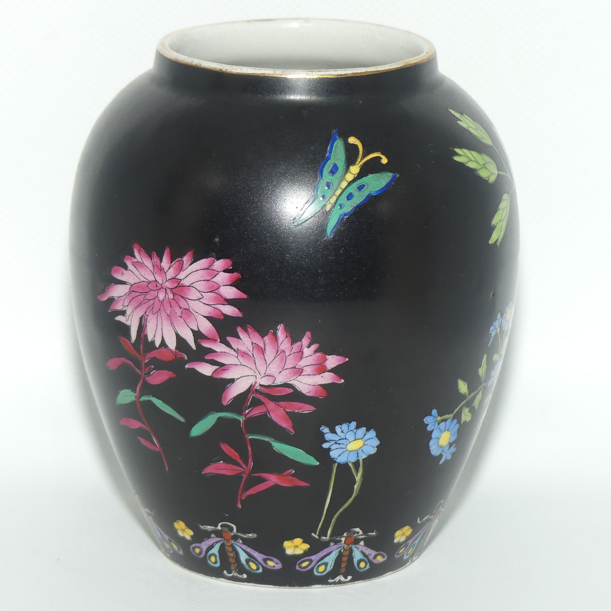 Cetem ware Maling Butterfly and Floral pattern on Black Ground vase