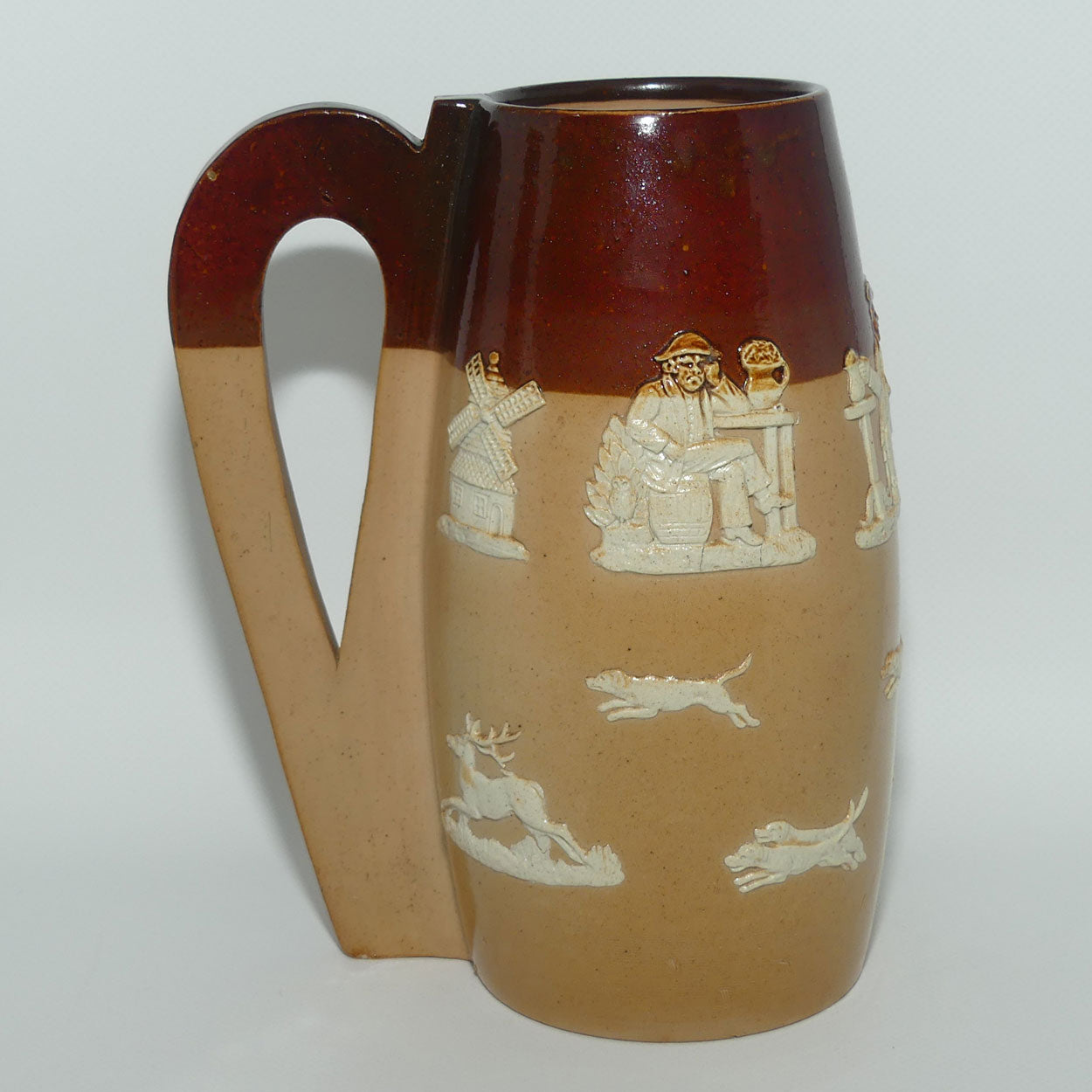 Doulton Lambeth Harvest Hunting barrel shape ale tankard | Ye Black Jack | Made for John Mortlock, London