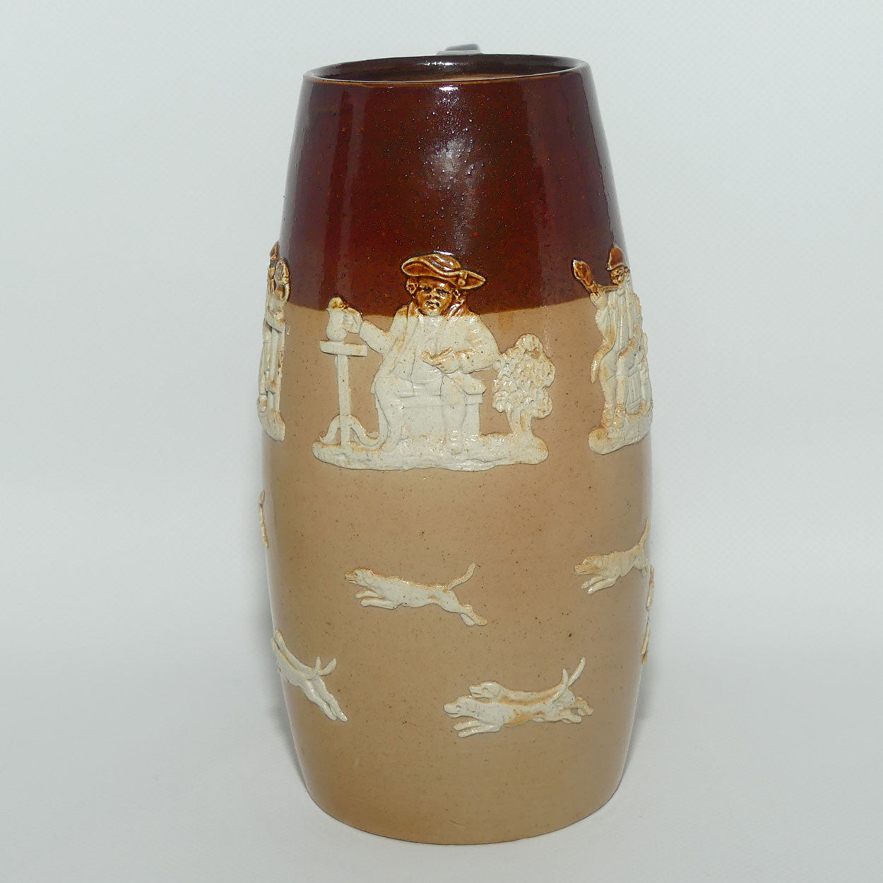 Doulton Lambeth Harvest Hunting barrel shape ale tankard | Ye Black Jack | Made for John Mortlock, London