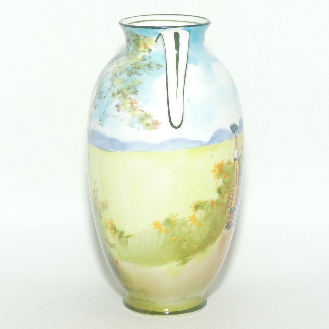Royal Doulton Coaching Days twin handle vase E2768 | Family Waving | rare Blue Sky variation